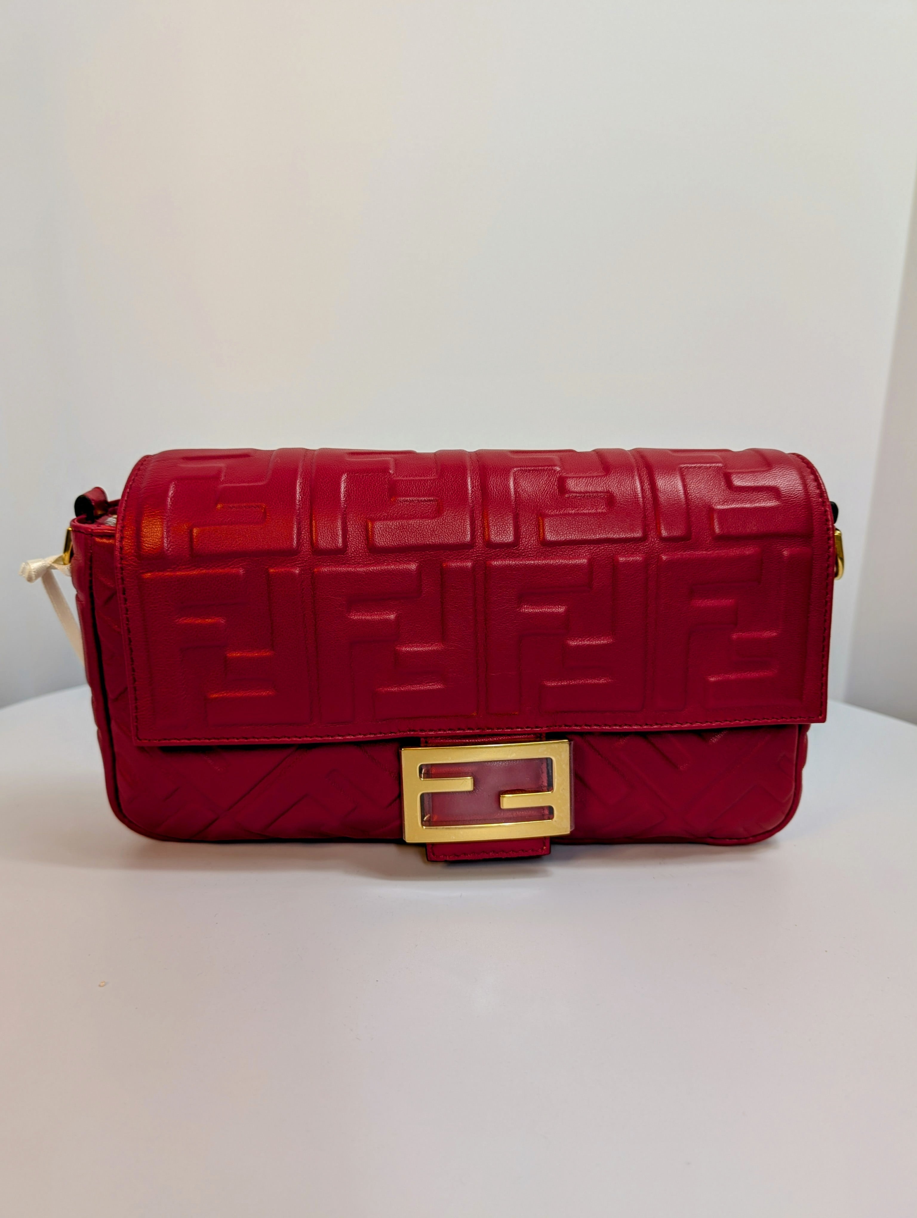 Fendi Red Embossed Baguette Bag with Embossed FF Monogram