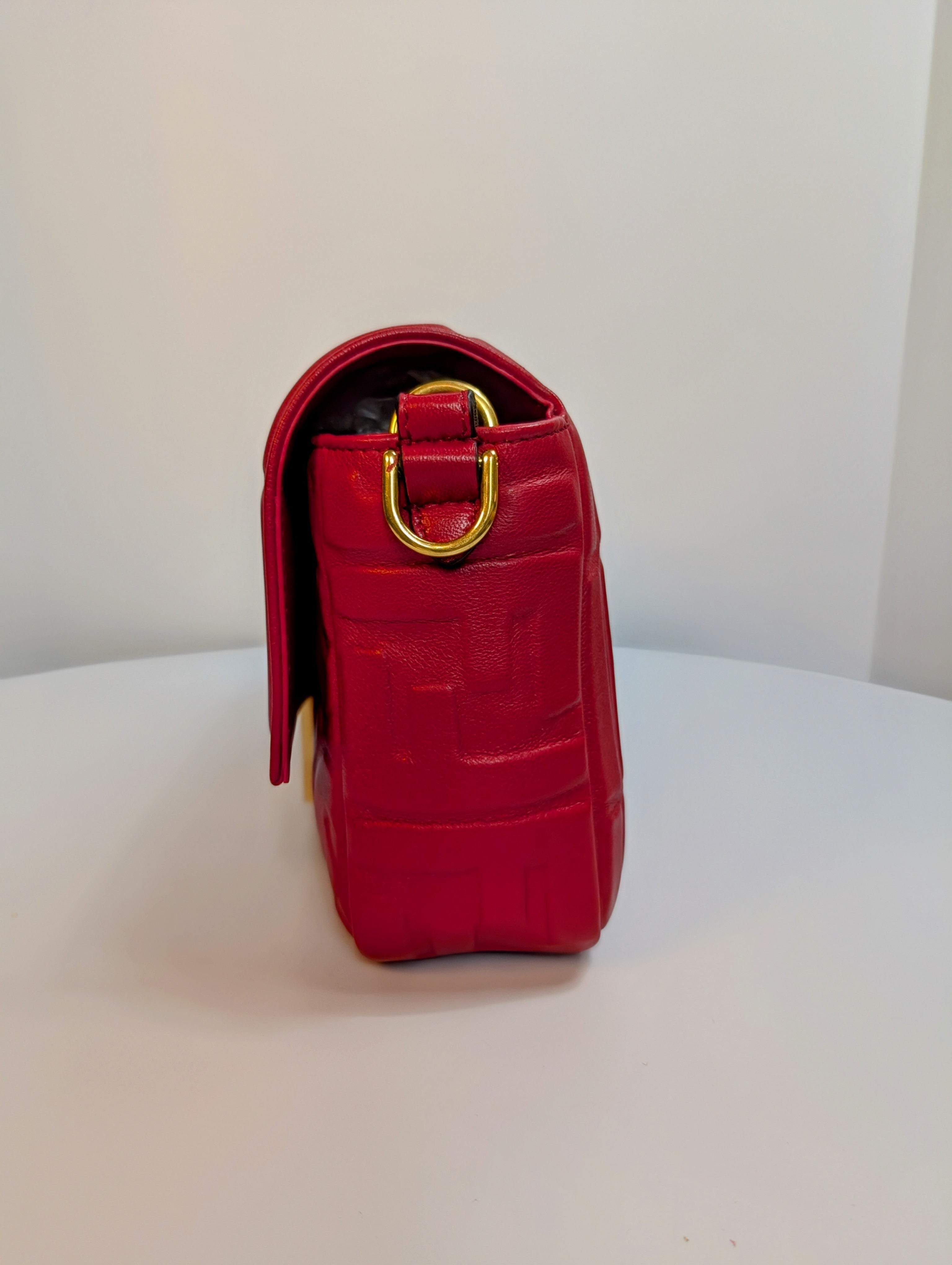 Fendi Red Embossed Baguette Bag with Embossed FF Monogram