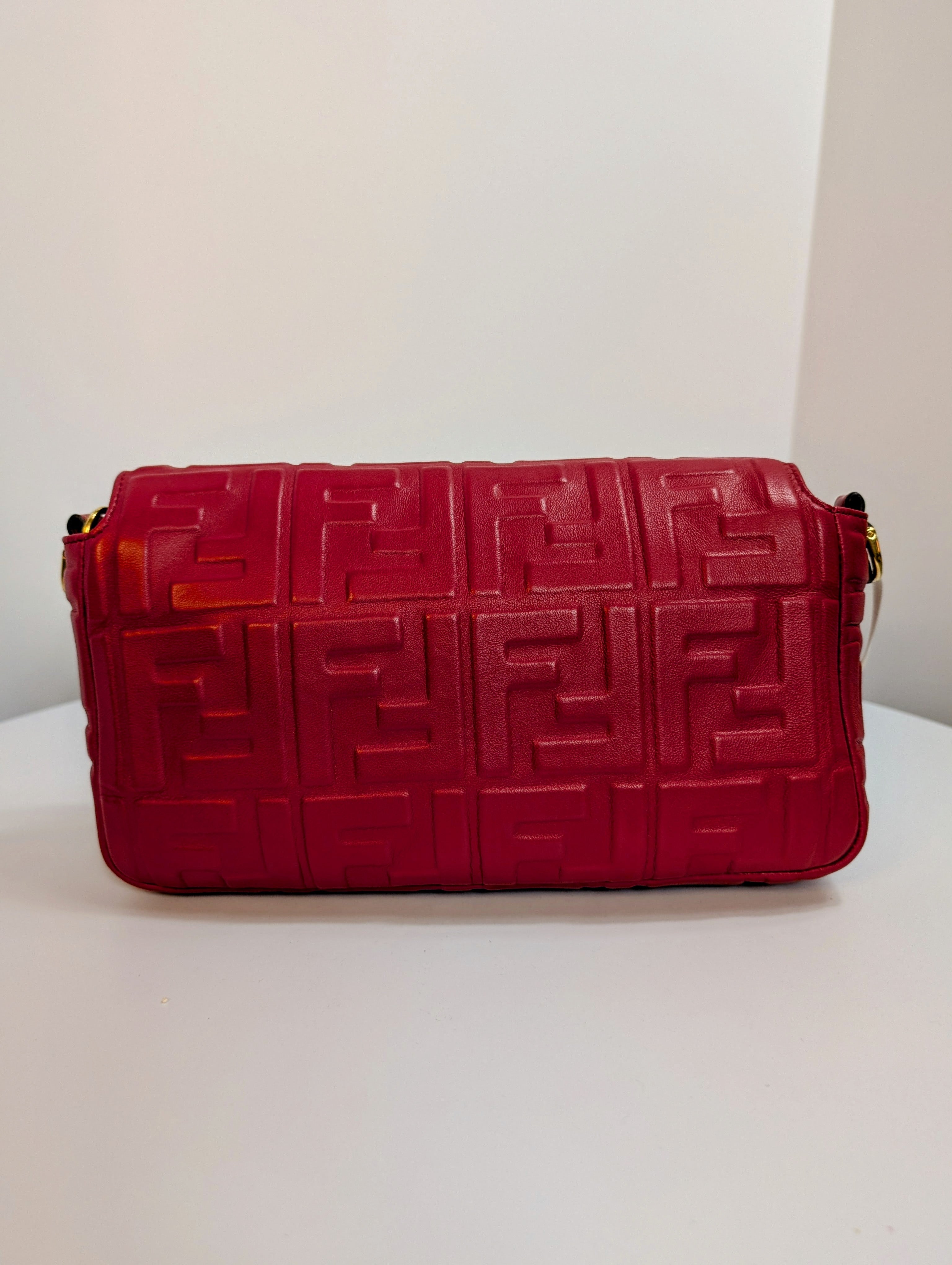 Fendi Red Embossed Baguette Bag with Embossed FF Monogram