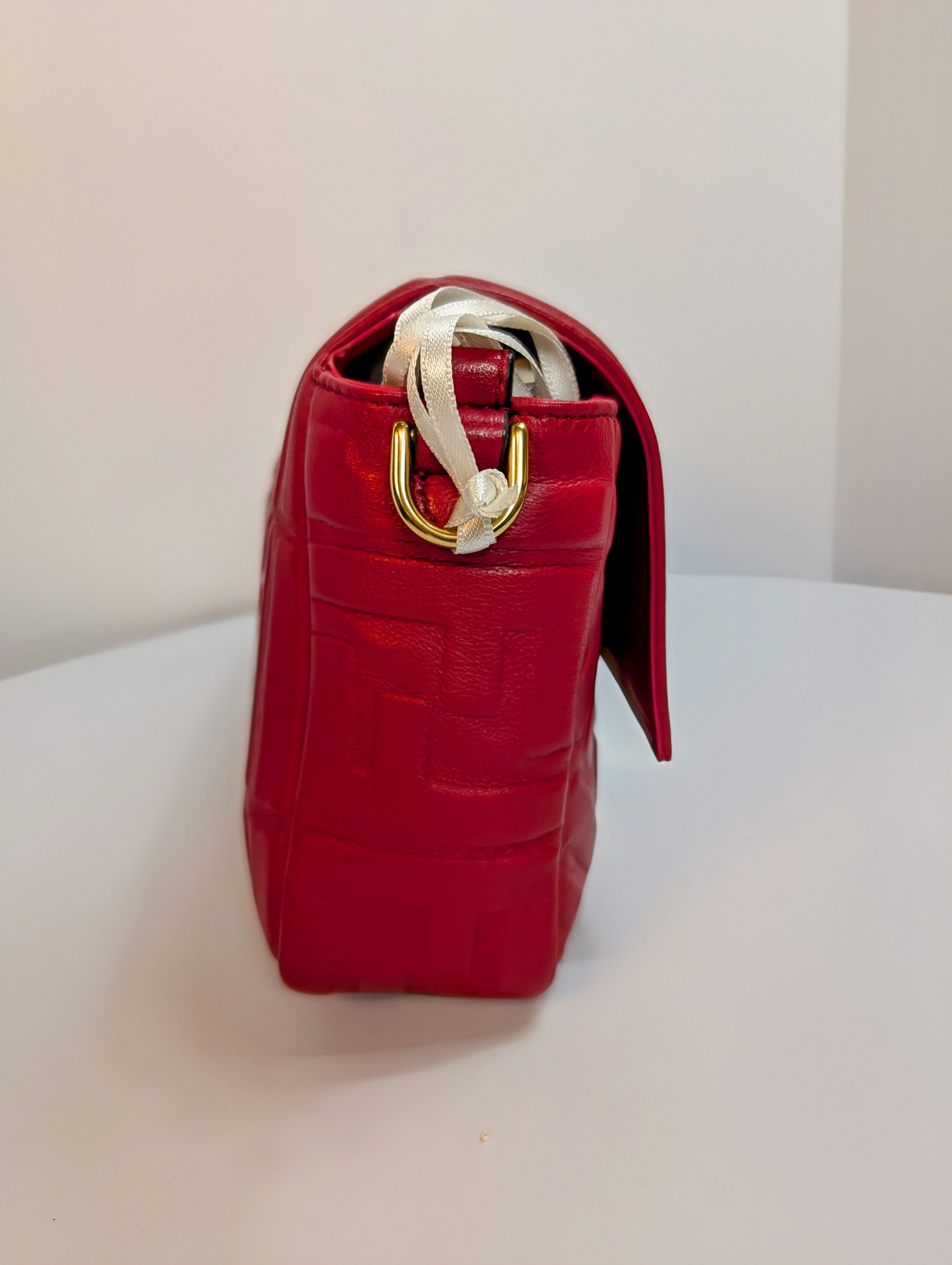Fendi Red Embossed Baguette Bag with Embossed FF Monogram