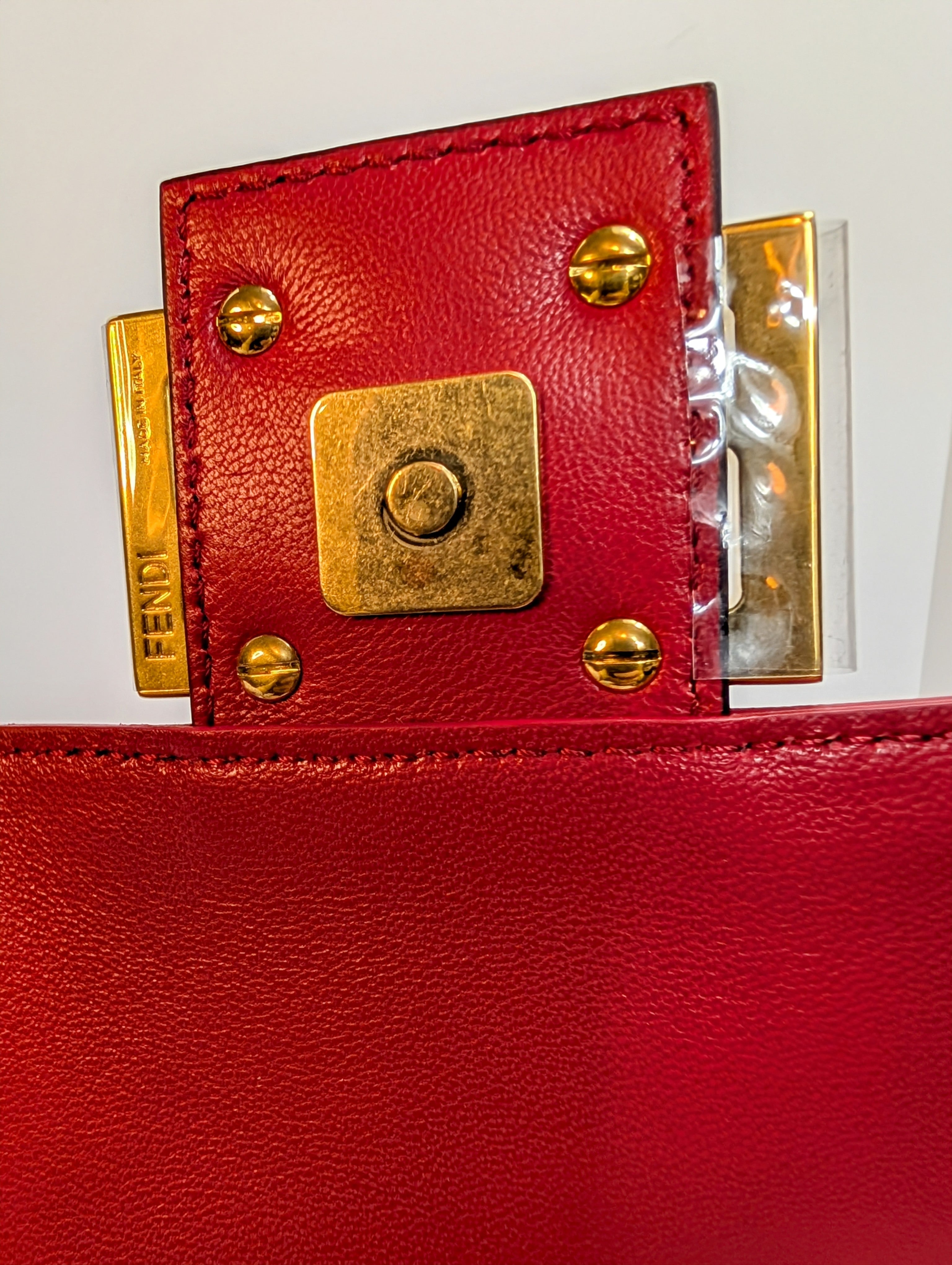 Fendi Red Embossed Baguette Bag with Embossed FF Monogram