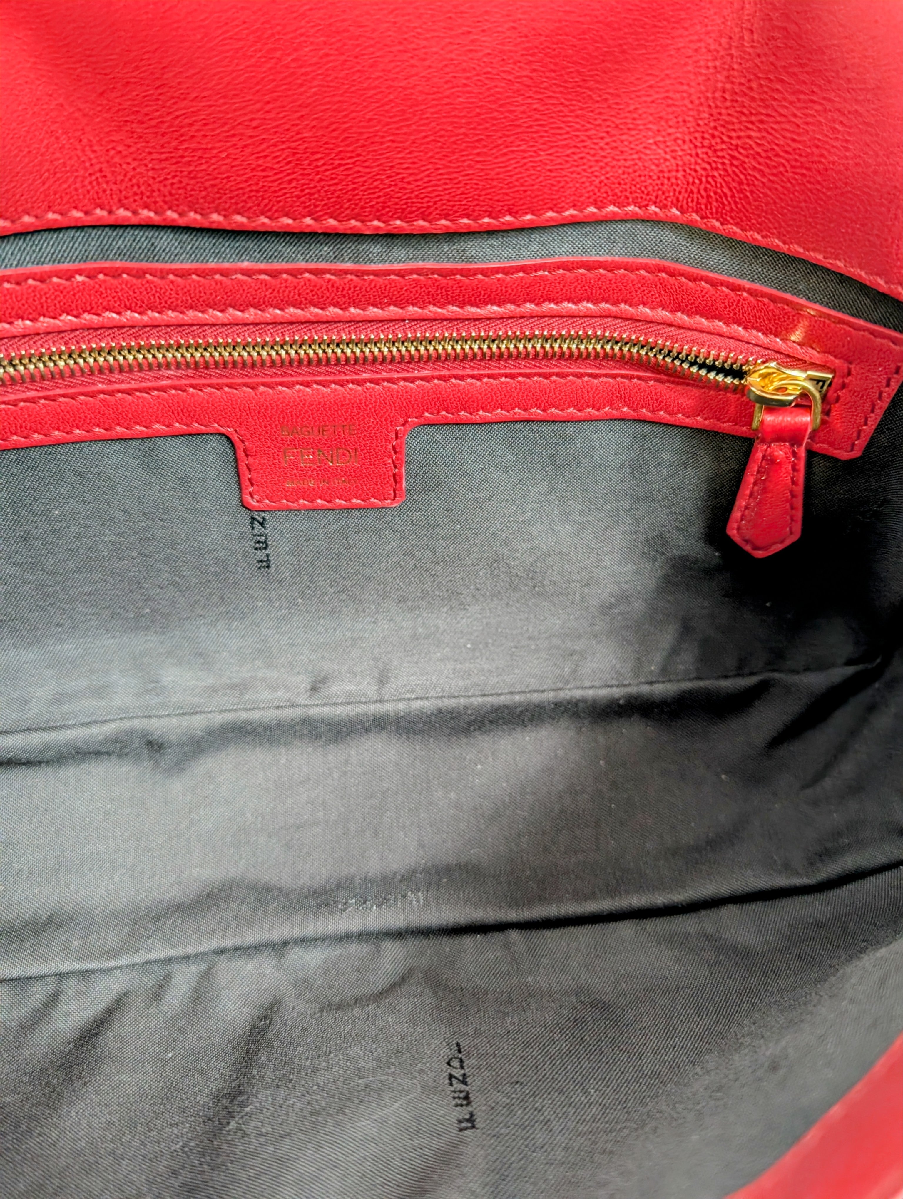 Fendi Red Embossed Baguette Bag with Embossed FF Monogram