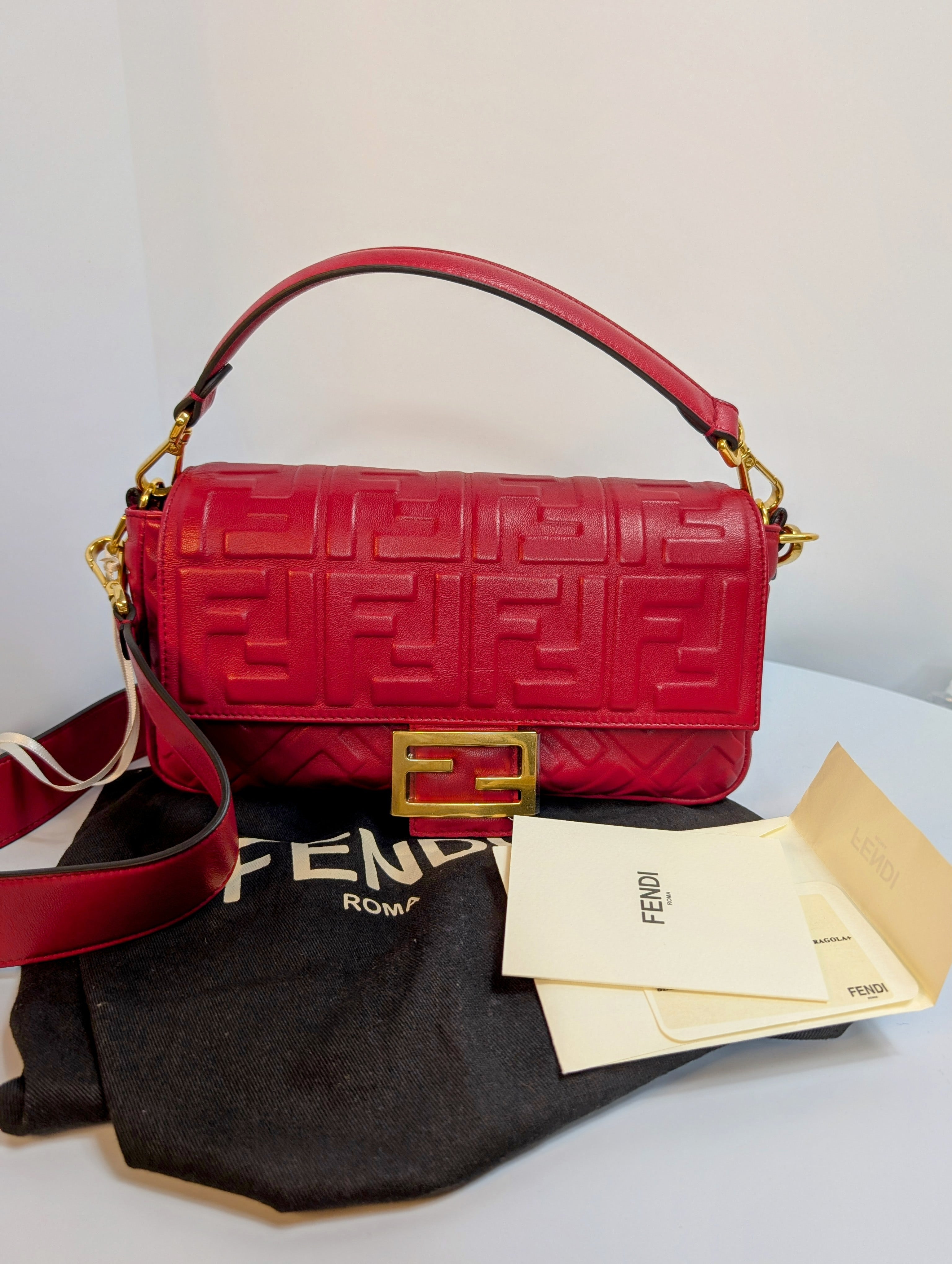 Fendi Red Embossed Baguette Bag with Embossed FF Monogram