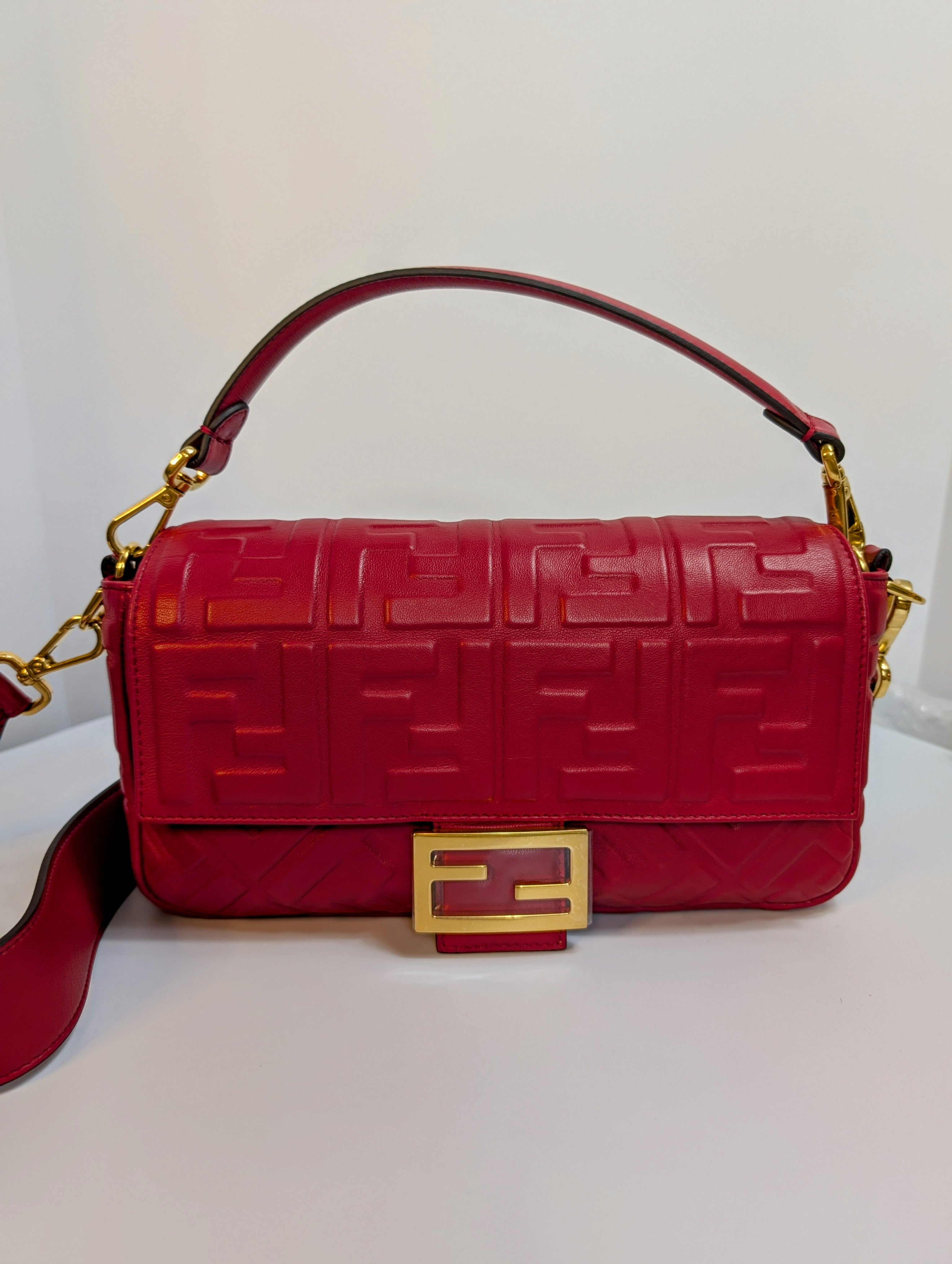 Fendi Red Embossed Baguette Bag with Embossed FF Monogram