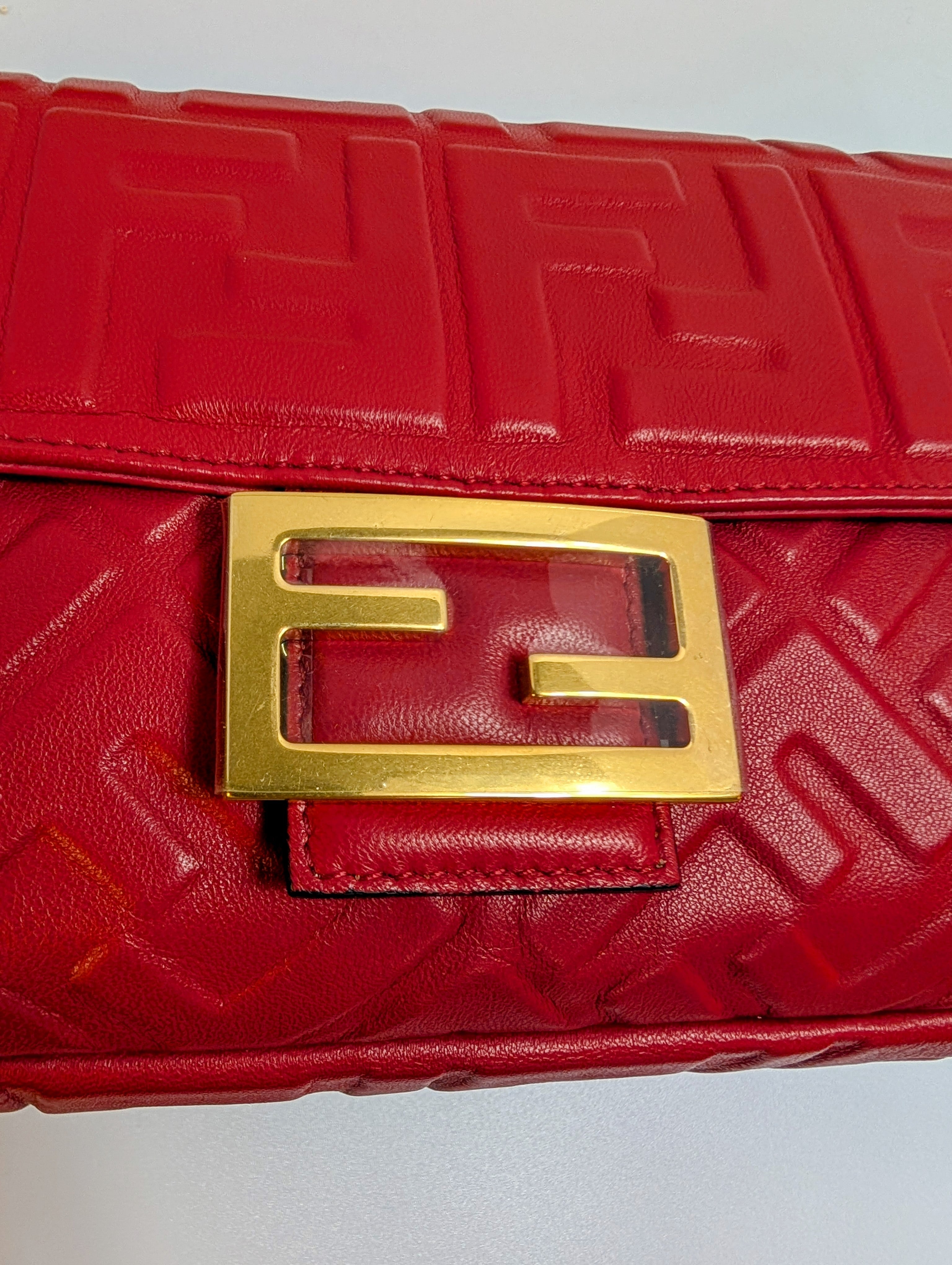 Fendi Red Embossed Baguette Bag with Embossed FF Monogram
