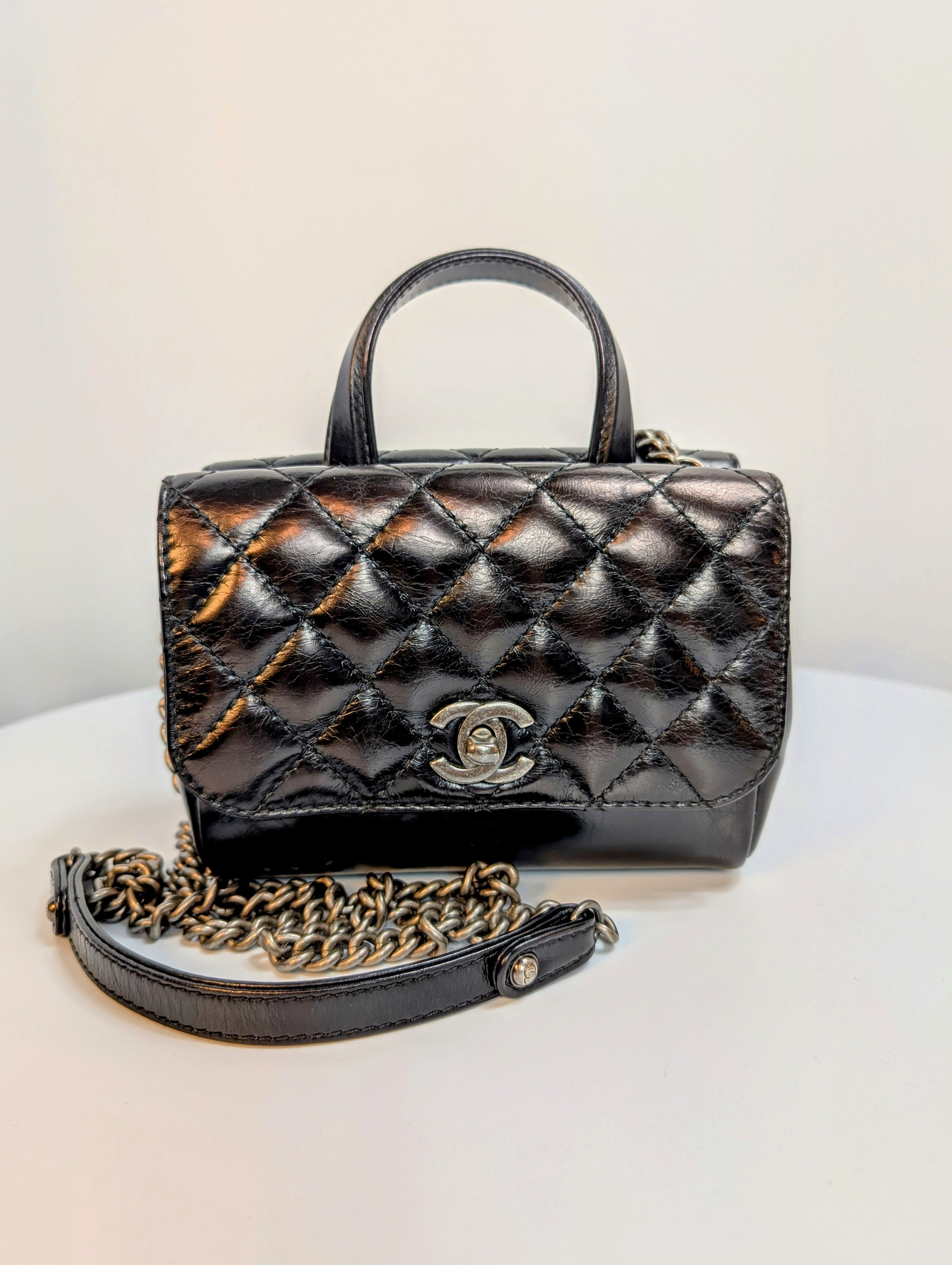 Chanel Black Mini Double-Sided Glazed Calfskin Flap Bag with Top Handle