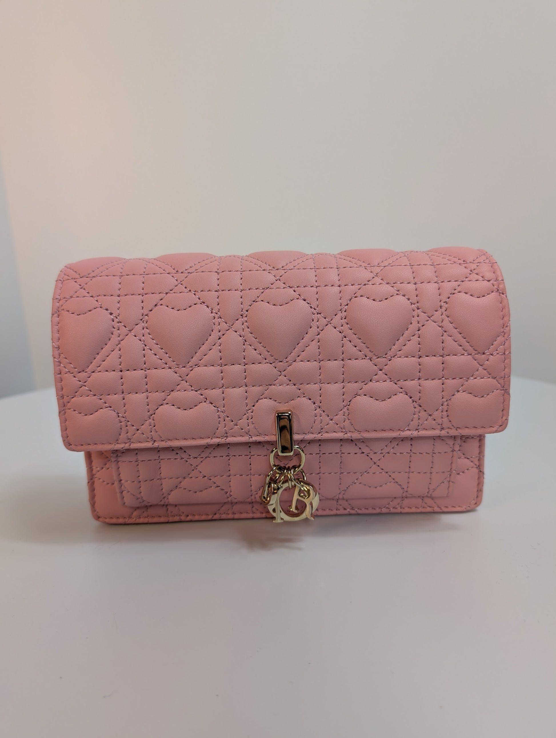 Dior Diorama Pink Heart Quilted Lambskin Wallet on Chain (WOC)