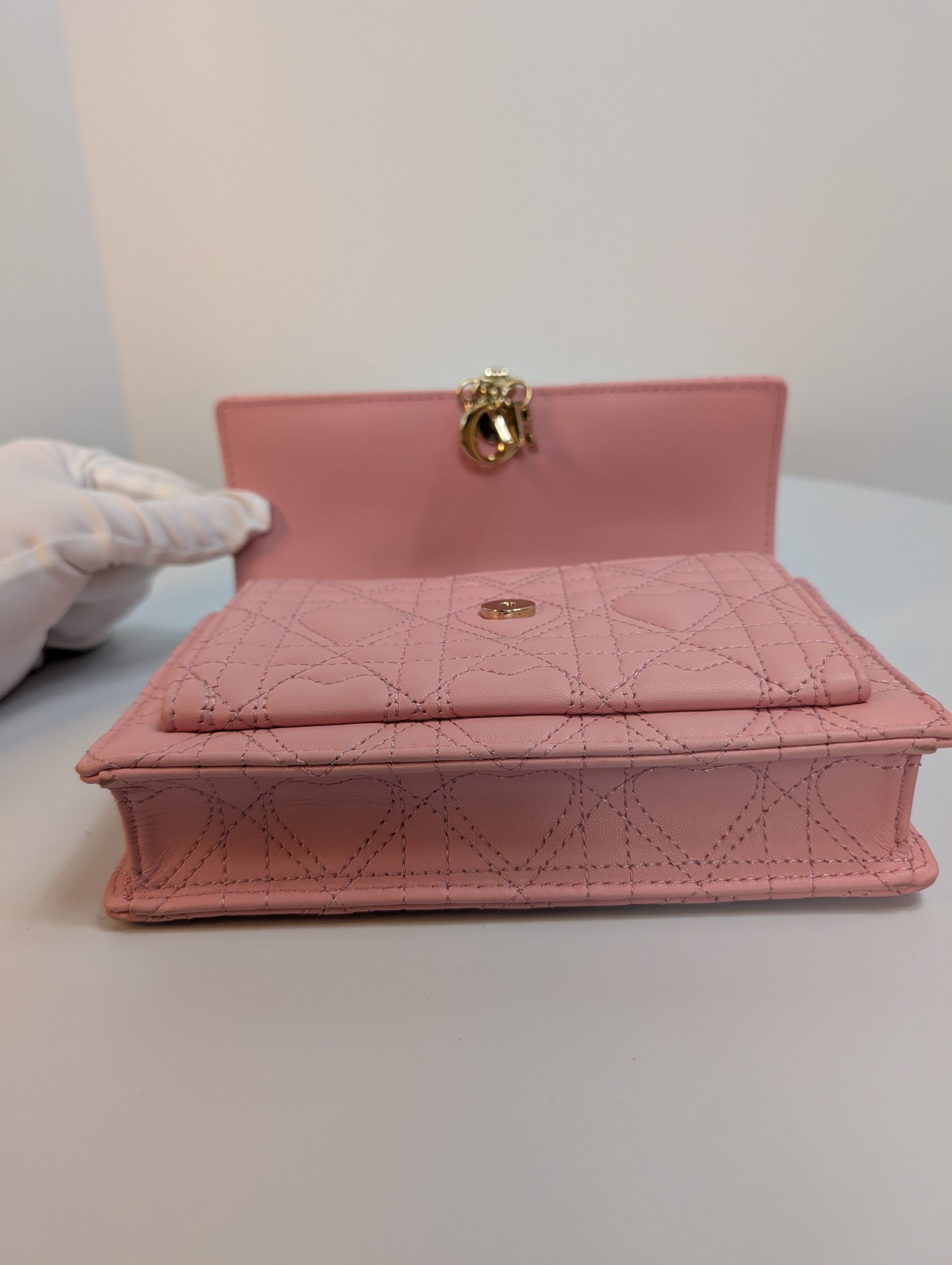 Dior Diorama Pink Heart Quilted Lambskin Wallet on Chain (WOC)