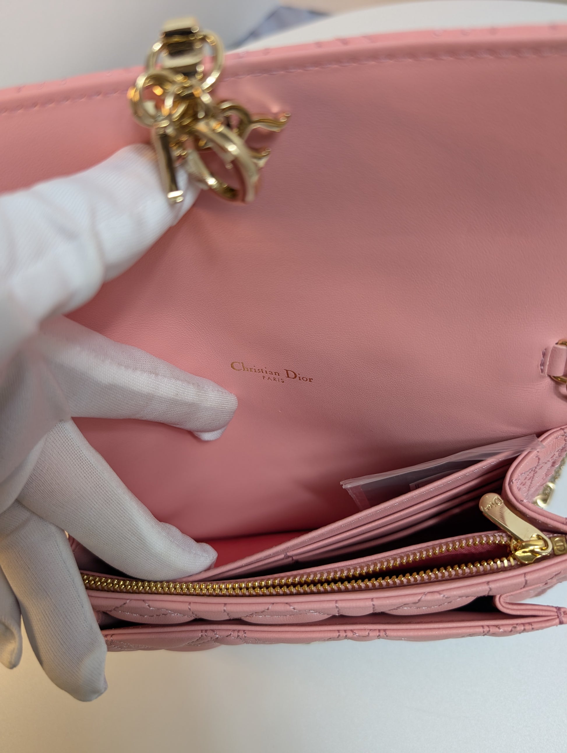 Dior Diorama Pink Heart Quilted Lambskin Wallet on Chain (WOC)