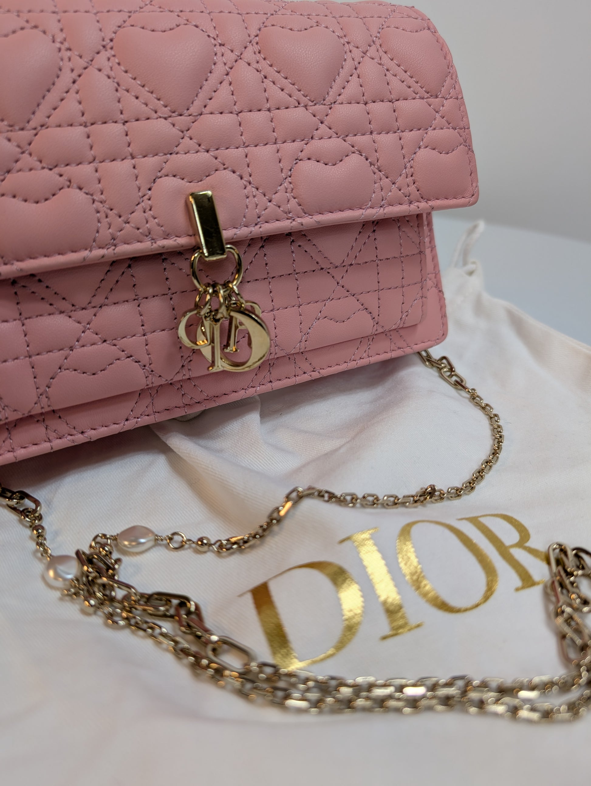 Dior Diorama Pink Heart Quilted Lambskin Wallet on Chain (WOC)