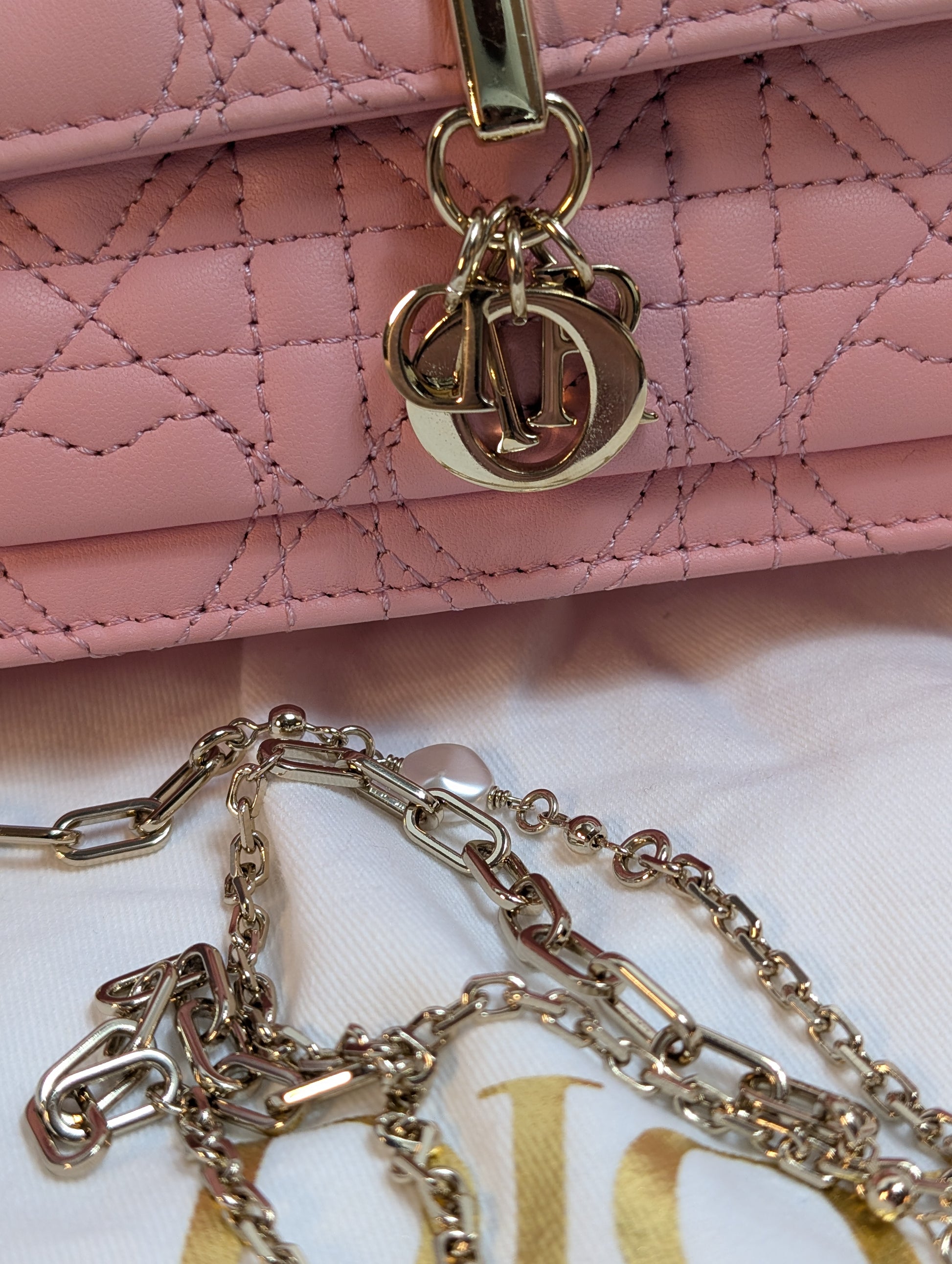 Dior Diorama Pink Heart Quilted Lambskin Wallet on Chain (WOC)