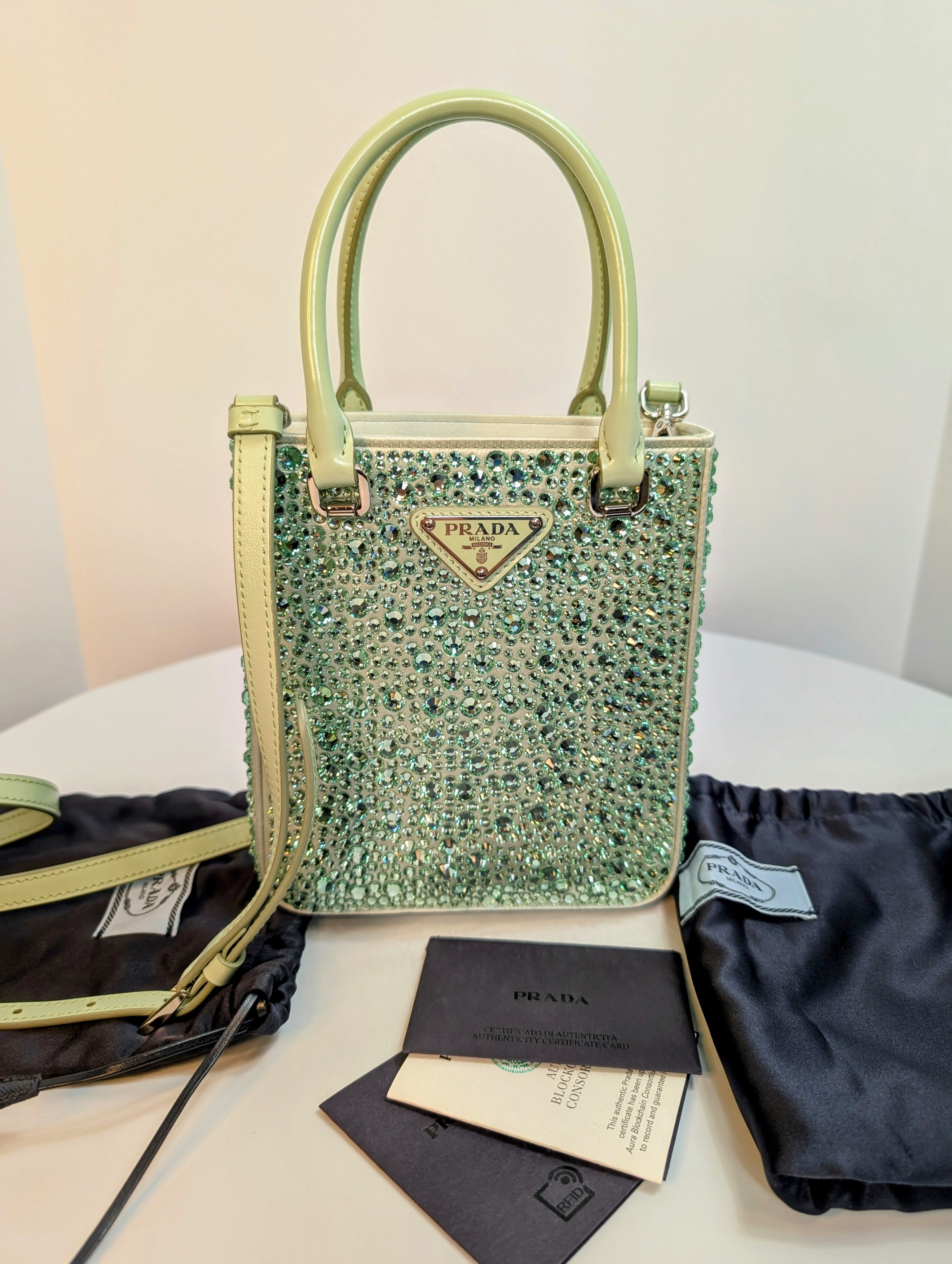 Prada Light Green/Aqua Crystal Embellished Double-Handle Crossbody
