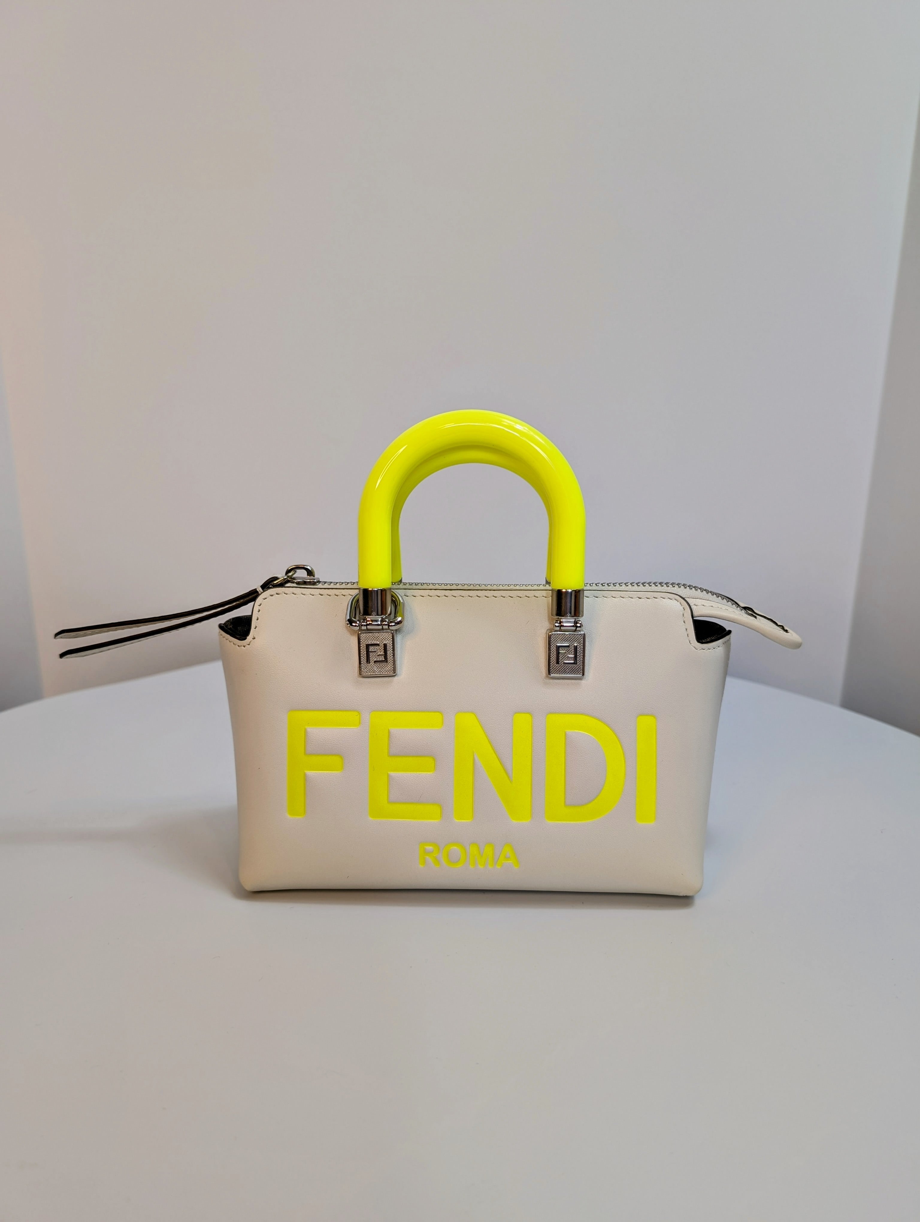 Fendi x Marc Jacobs Peekaboo Top Handle Bag in Cream Leather with Neon Yellow Accents