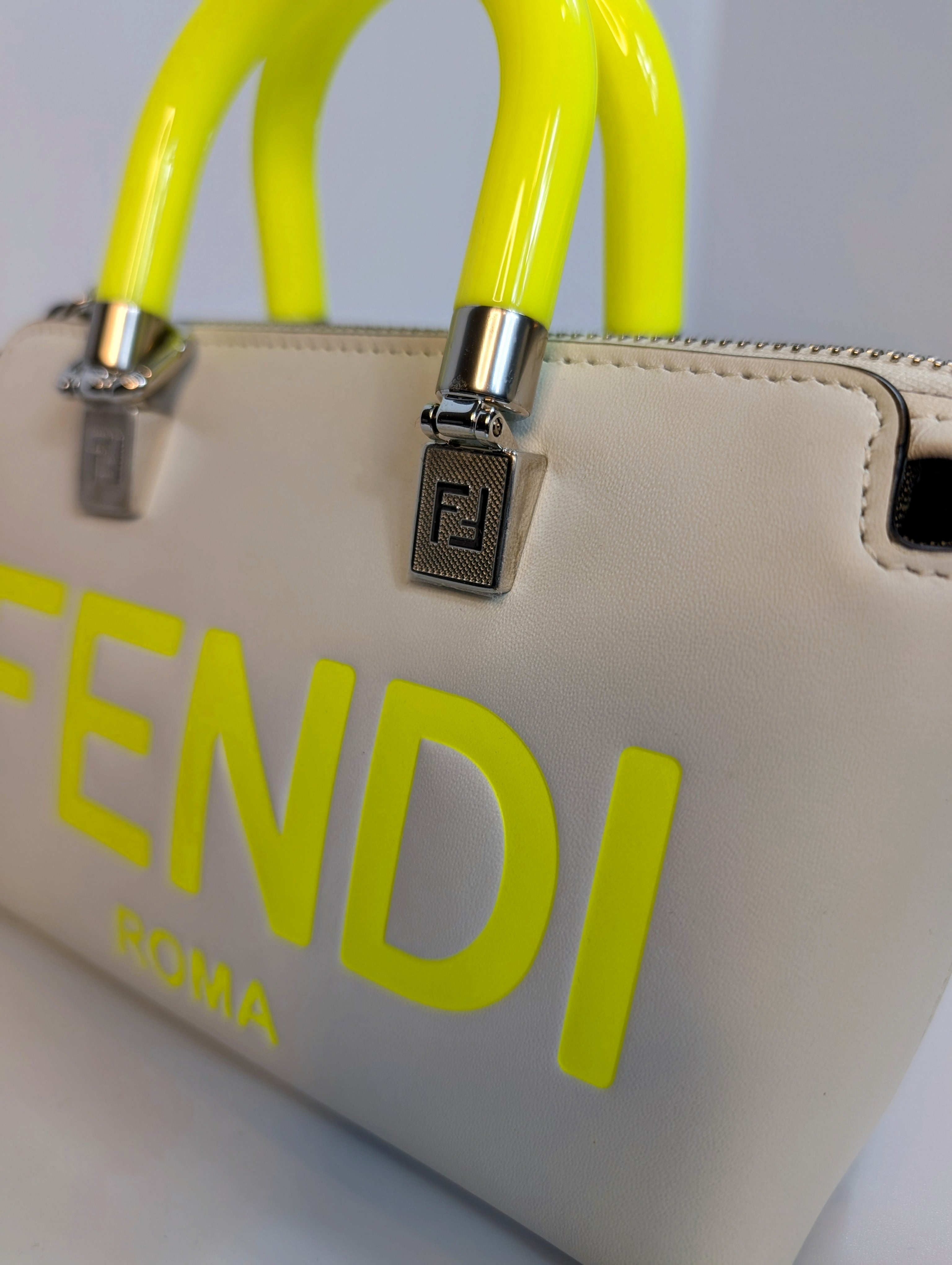Fendi x Marc Jacobs Peekaboo Top Handle Bag in Cream Leather with Neon Yellow Accents