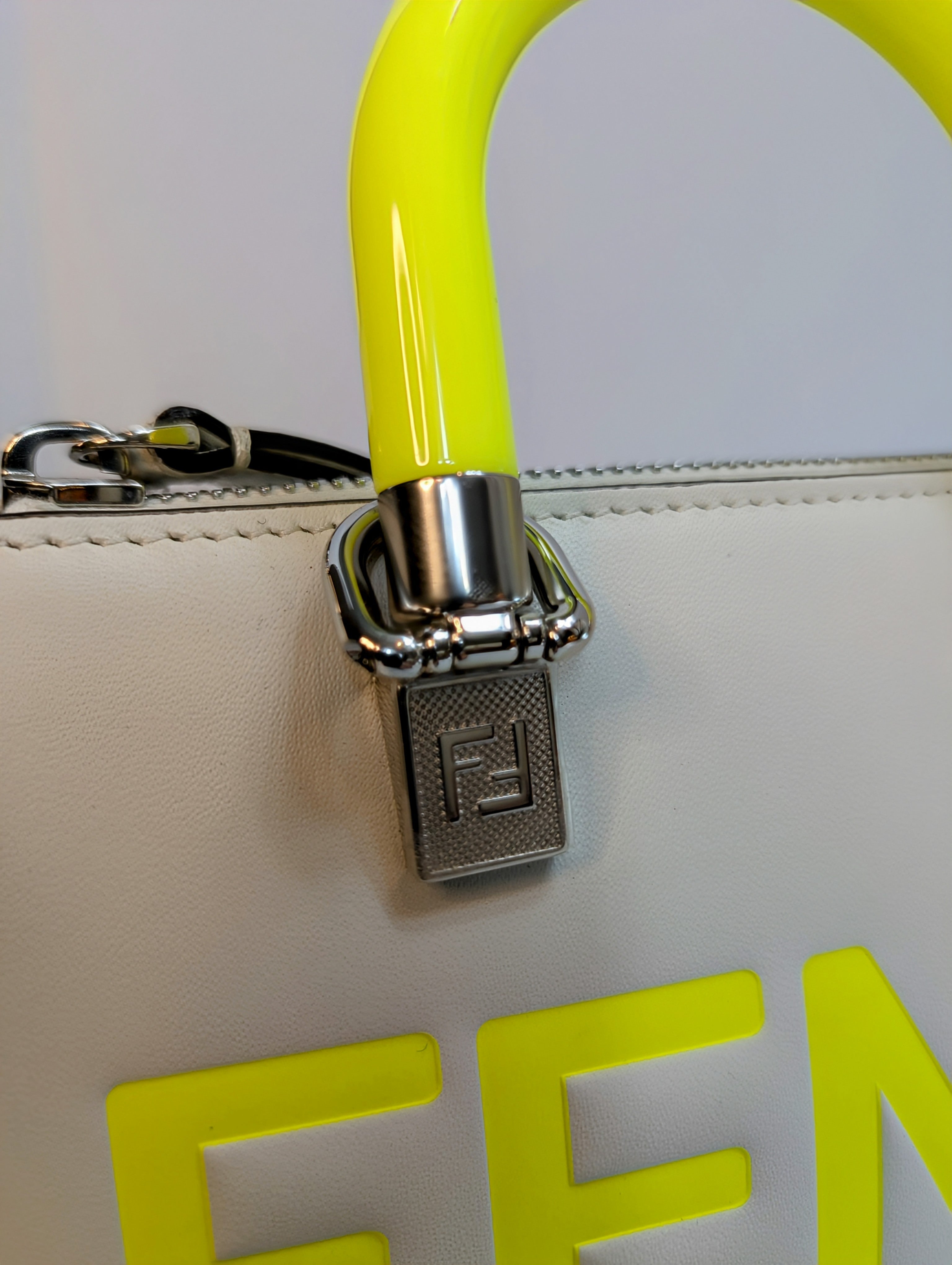 Fendi x Marc Jacobs Peekaboo Top Handle Bag in Cream Leather with Neon Yellow Accents