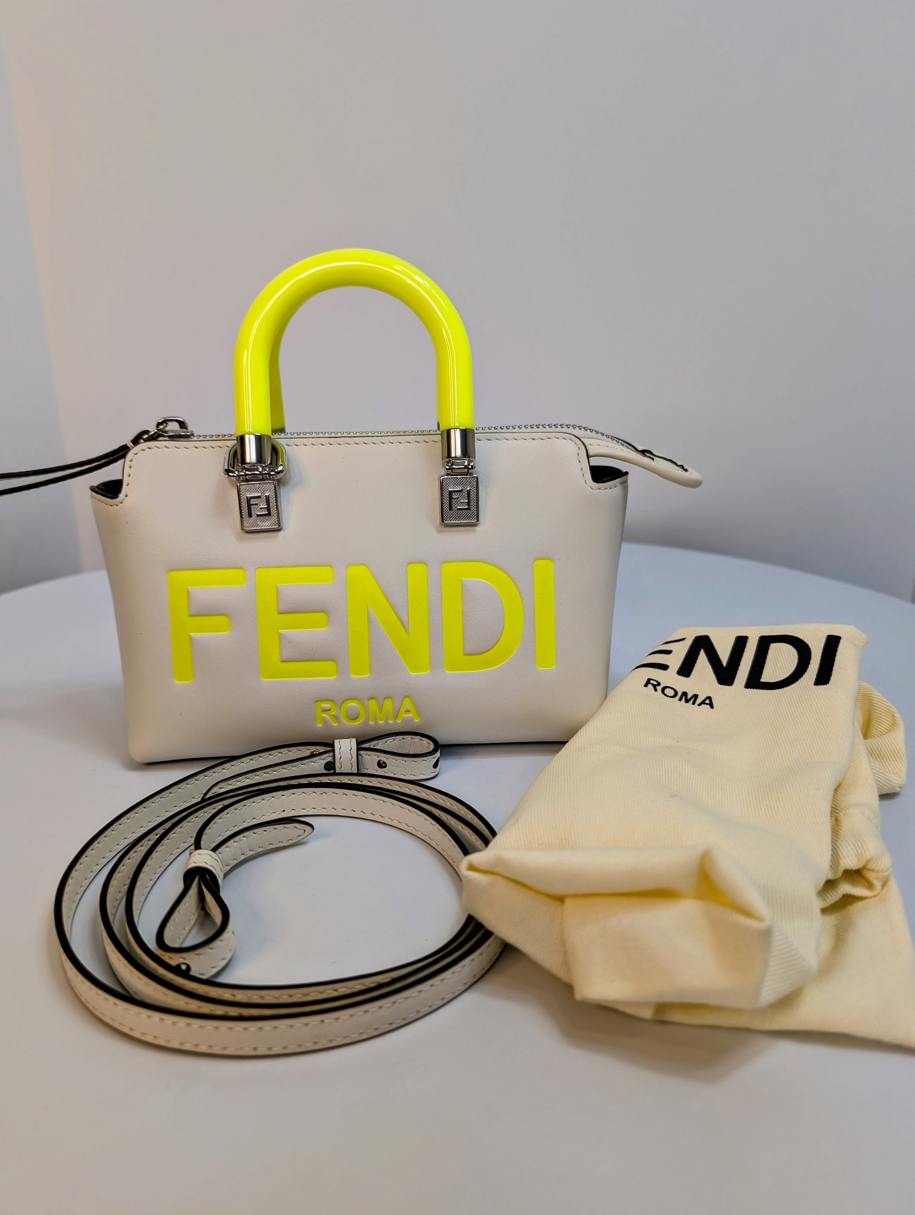 Fendi x Marc Jacobs Peekaboo Top Handle Bag in Cream Leather with Neon Yellow Accents