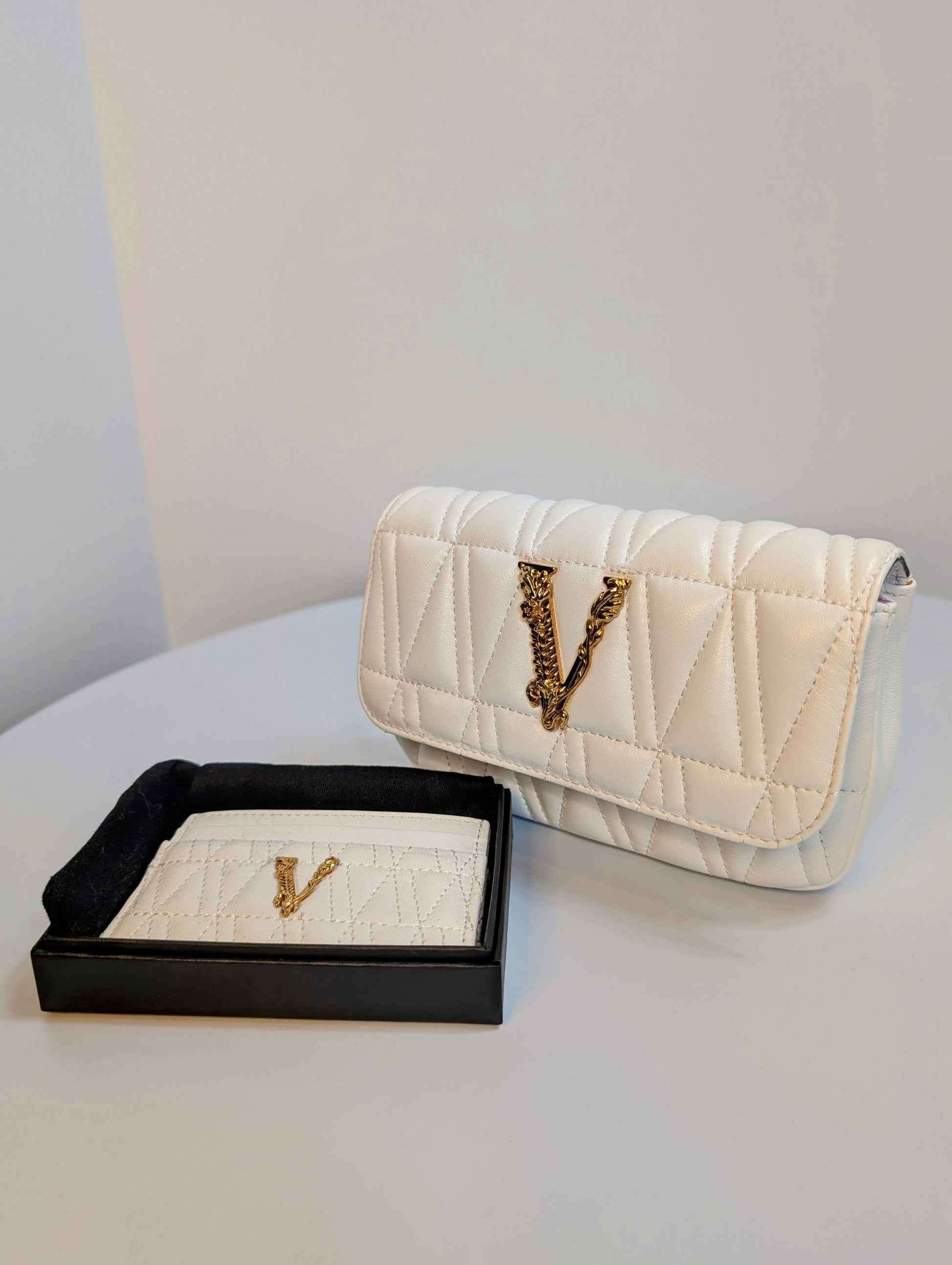 Versace White Virtus Quilted Chain Wallet on Chain (WOC)