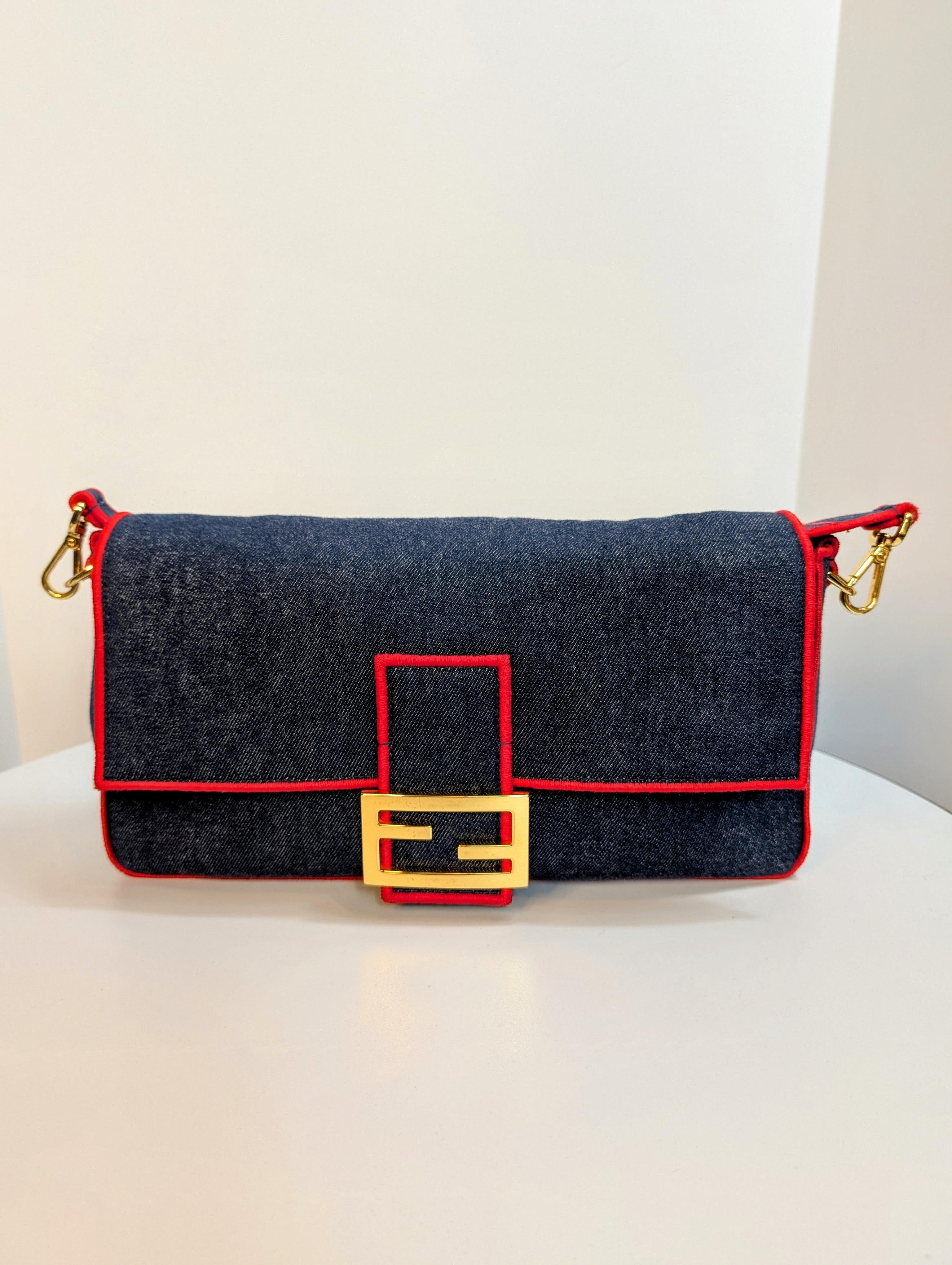 Fendi Blue Denim and Red Trim Baguette Bag with Two Straps