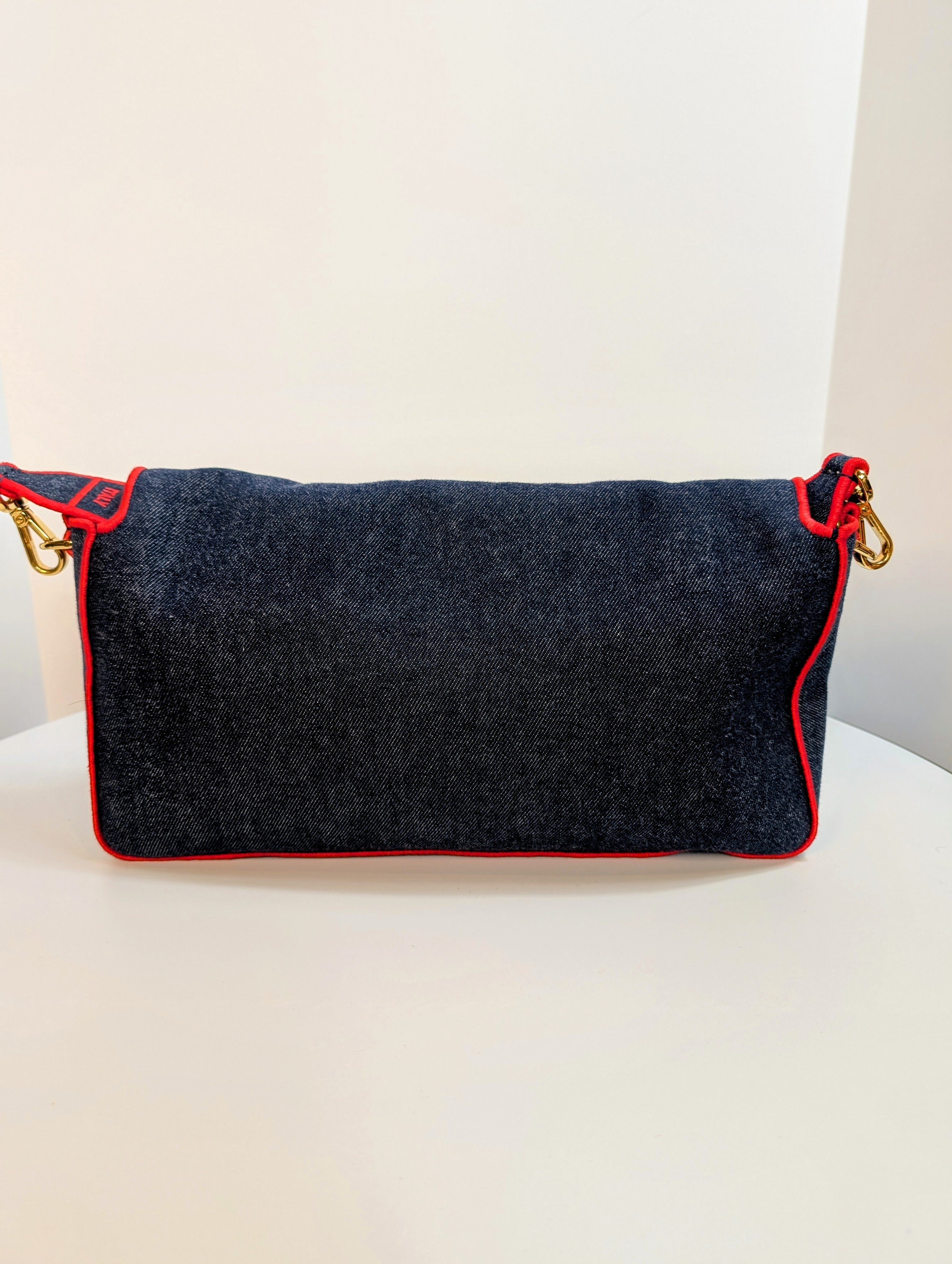 Fendi Blue Denim and Red Trim Baguette Bag with Two Straps