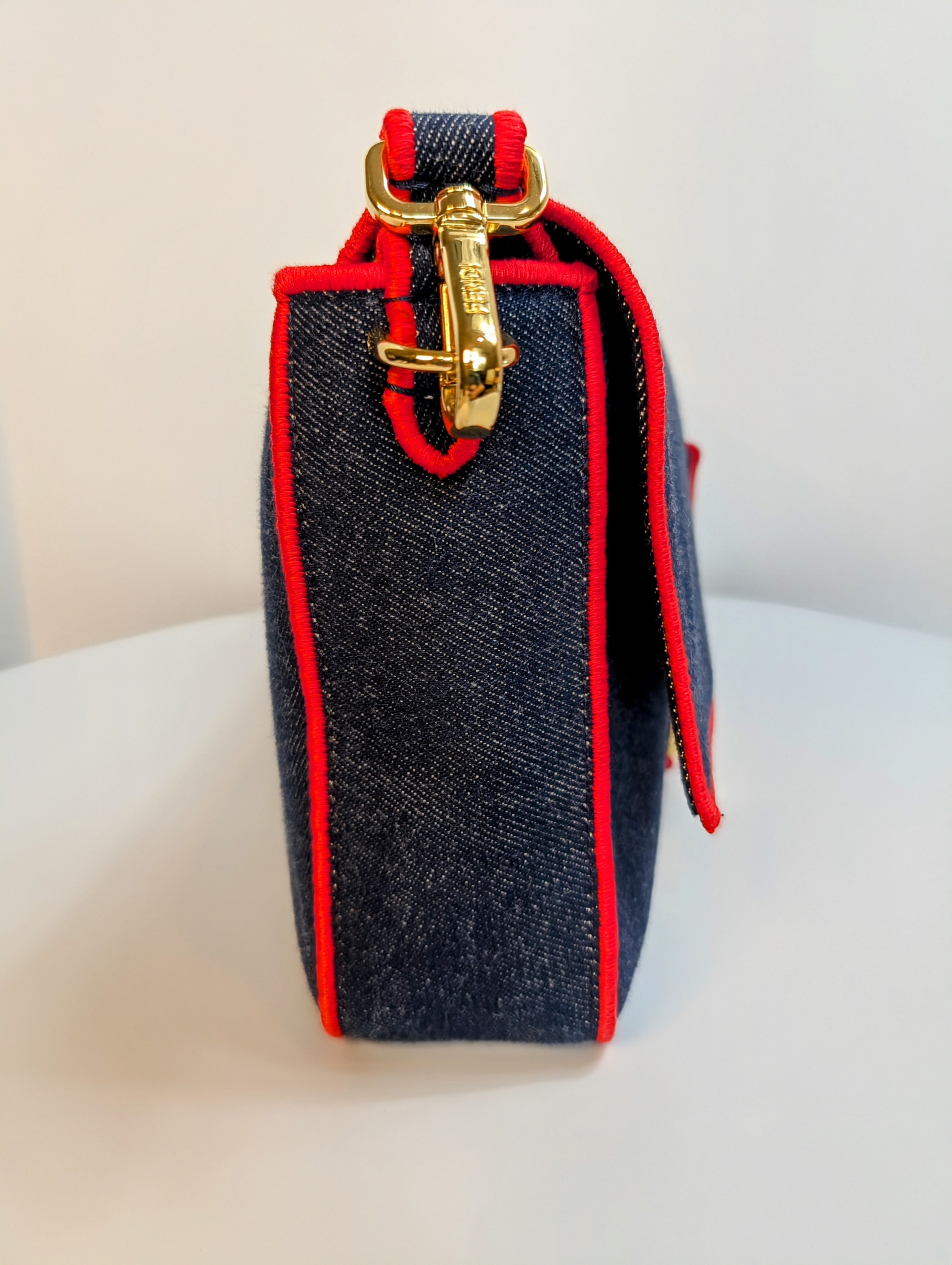 Fendi Blue Denim and Red Trim Baguette Bag with Two Straps