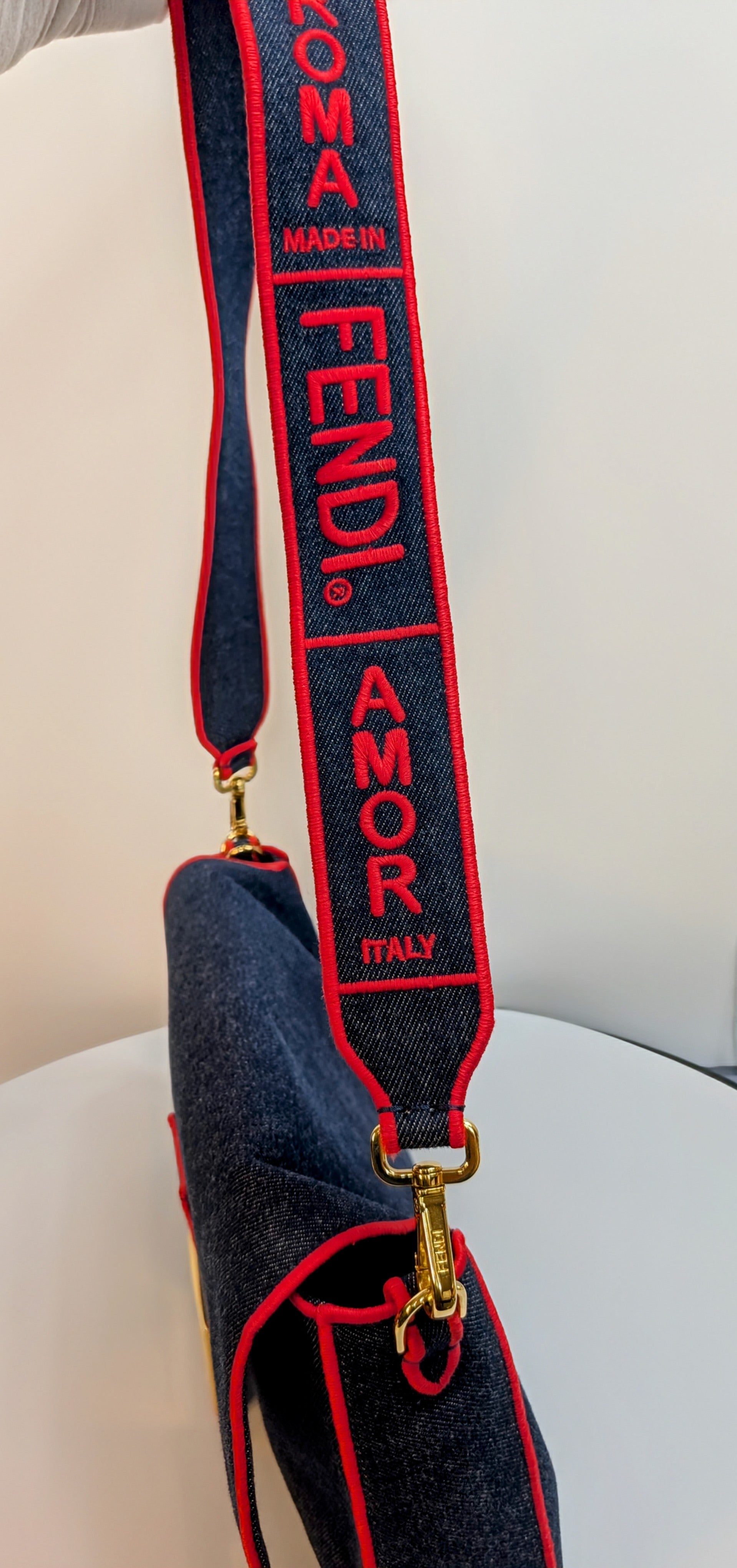 Fendi Blue Denim and Red Trim Baguette Bag with Two Straps