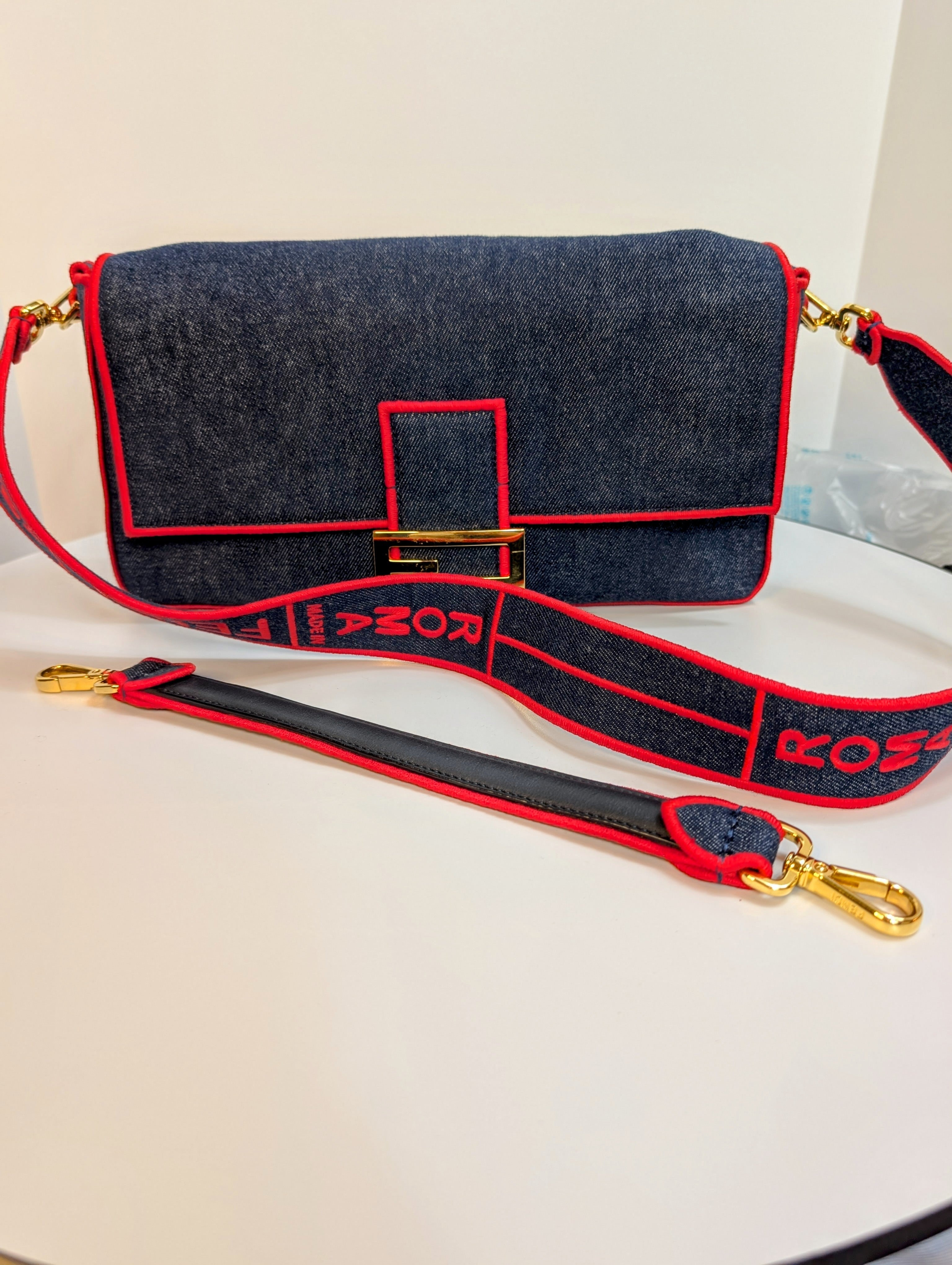 Fendi Blue Denim and Red Trim Baguette Bag with Two Straps
