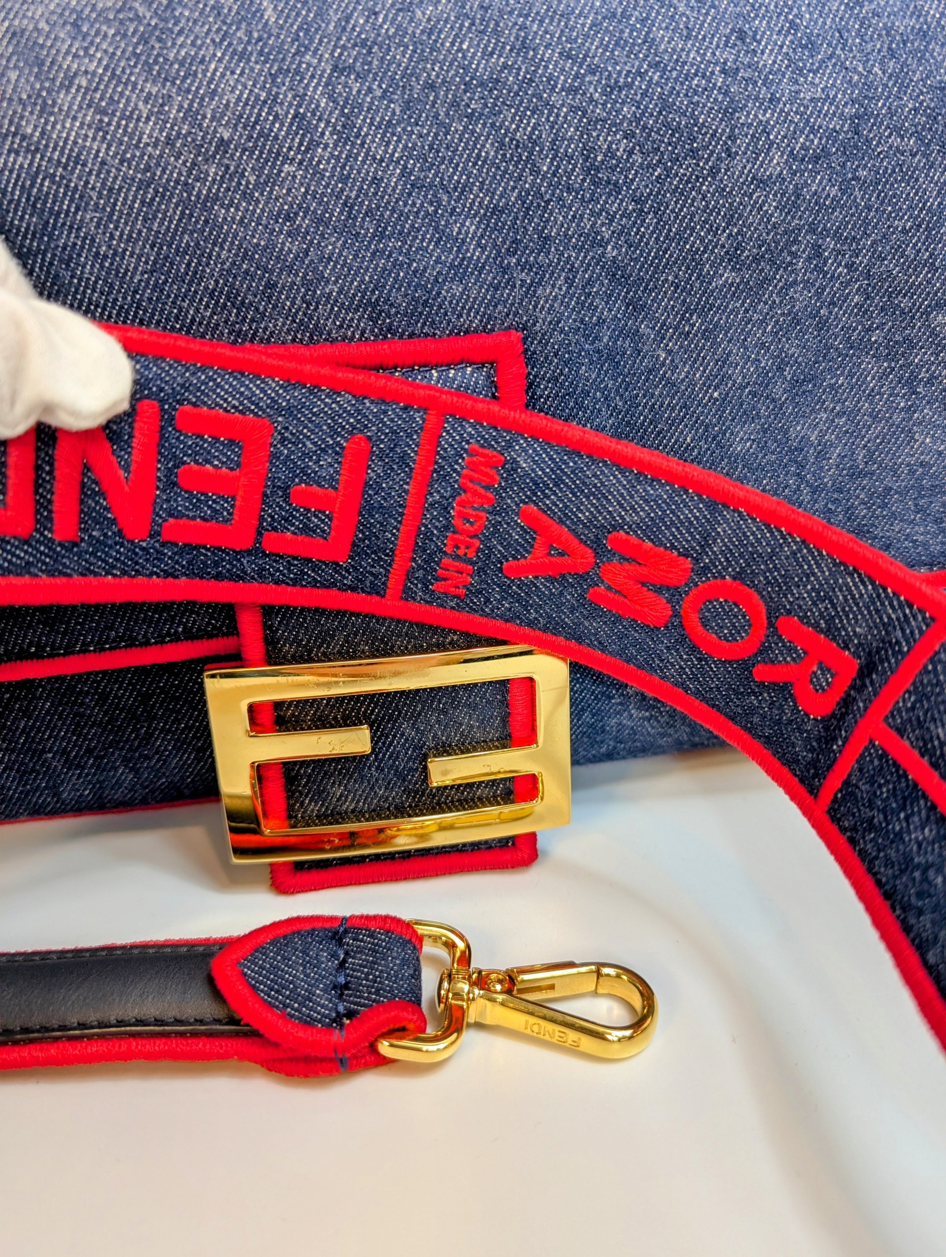 Fendi Blue Denim and Red Trim Baguette Bag with Two Straps