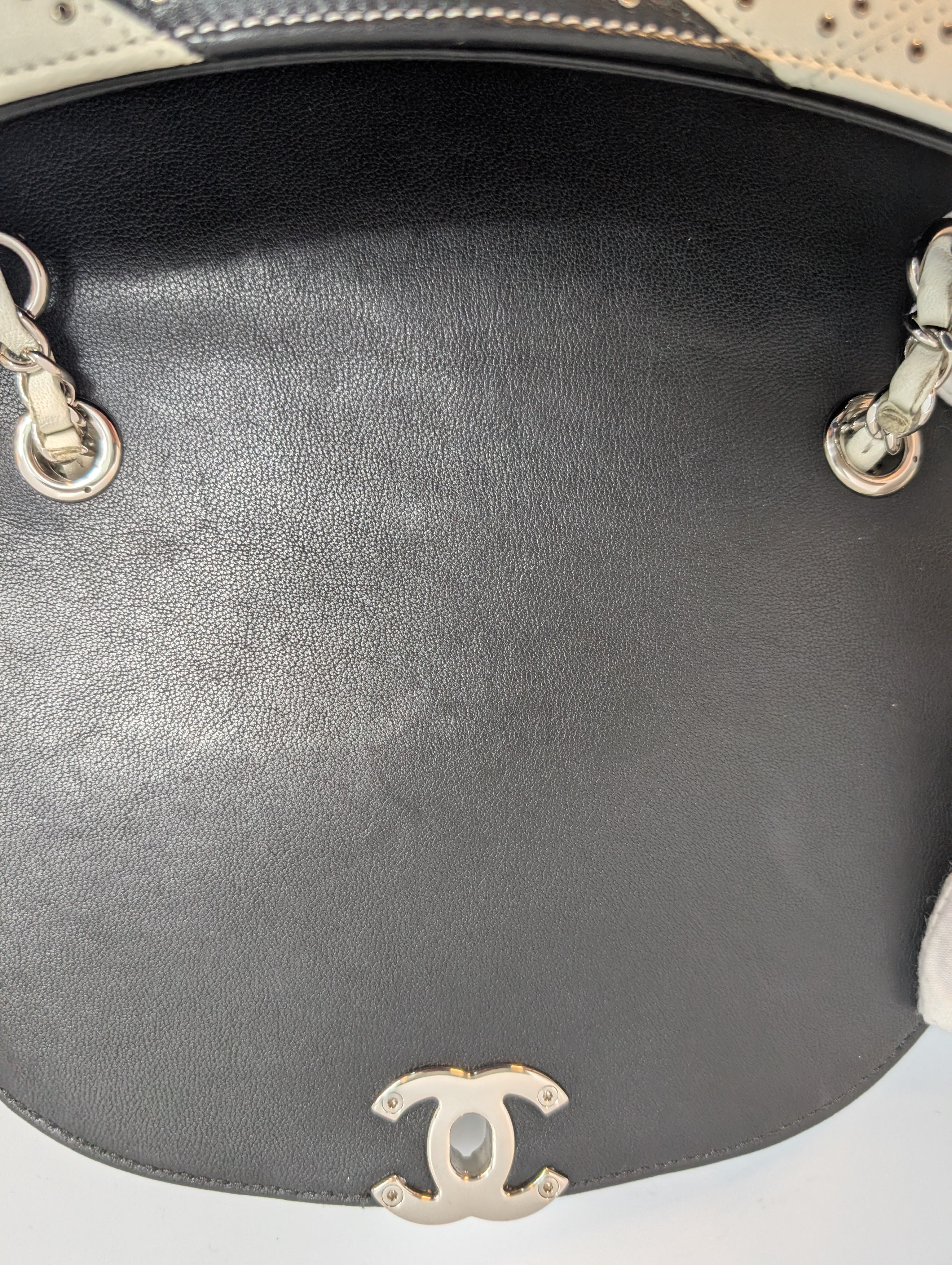 Chanel White and Black Patchwork Round Bottom Tophandle Flap Bag