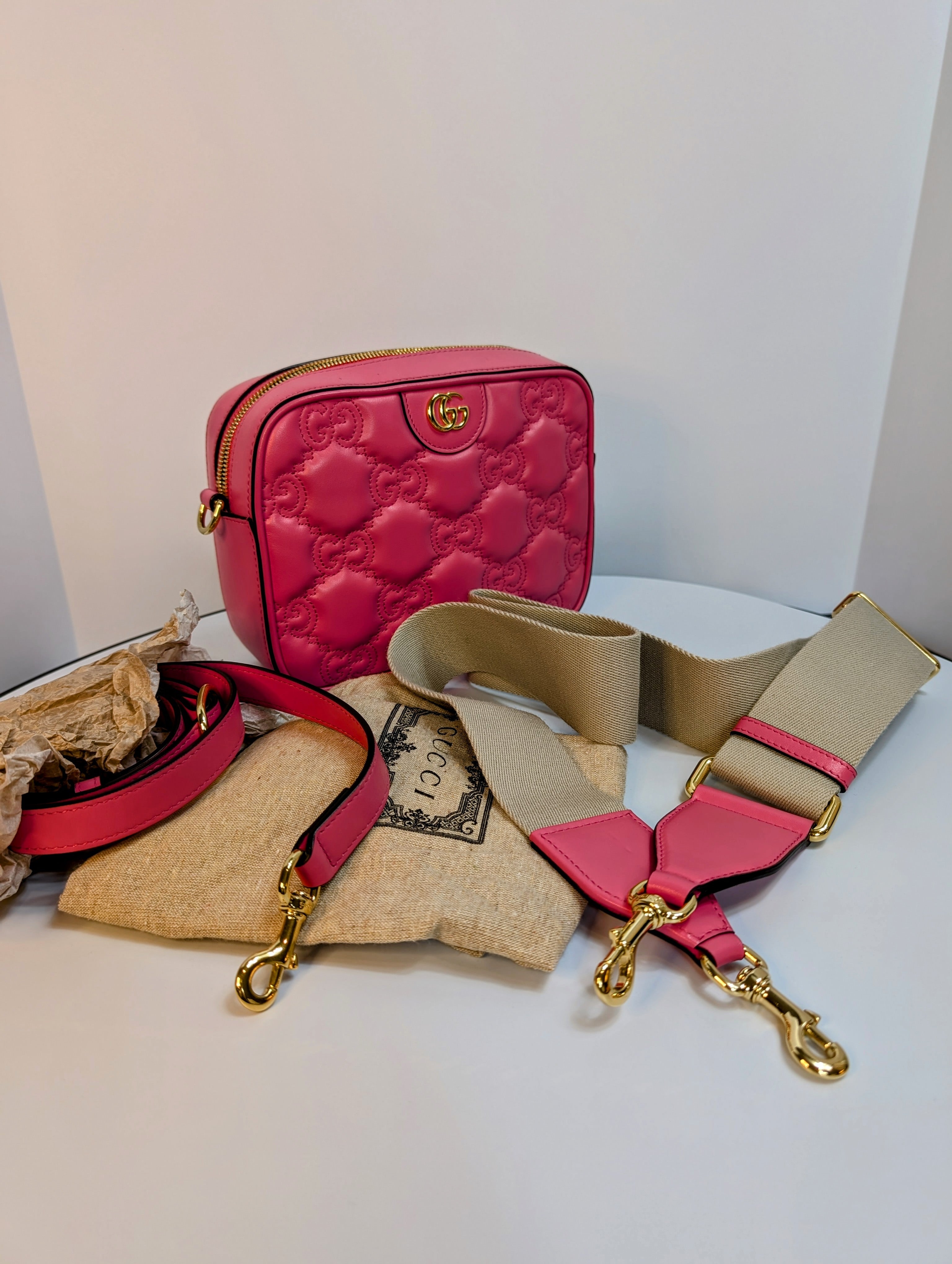 Gucci GG Hot Pink Matelasse Leather Double-Strap Camera Bag