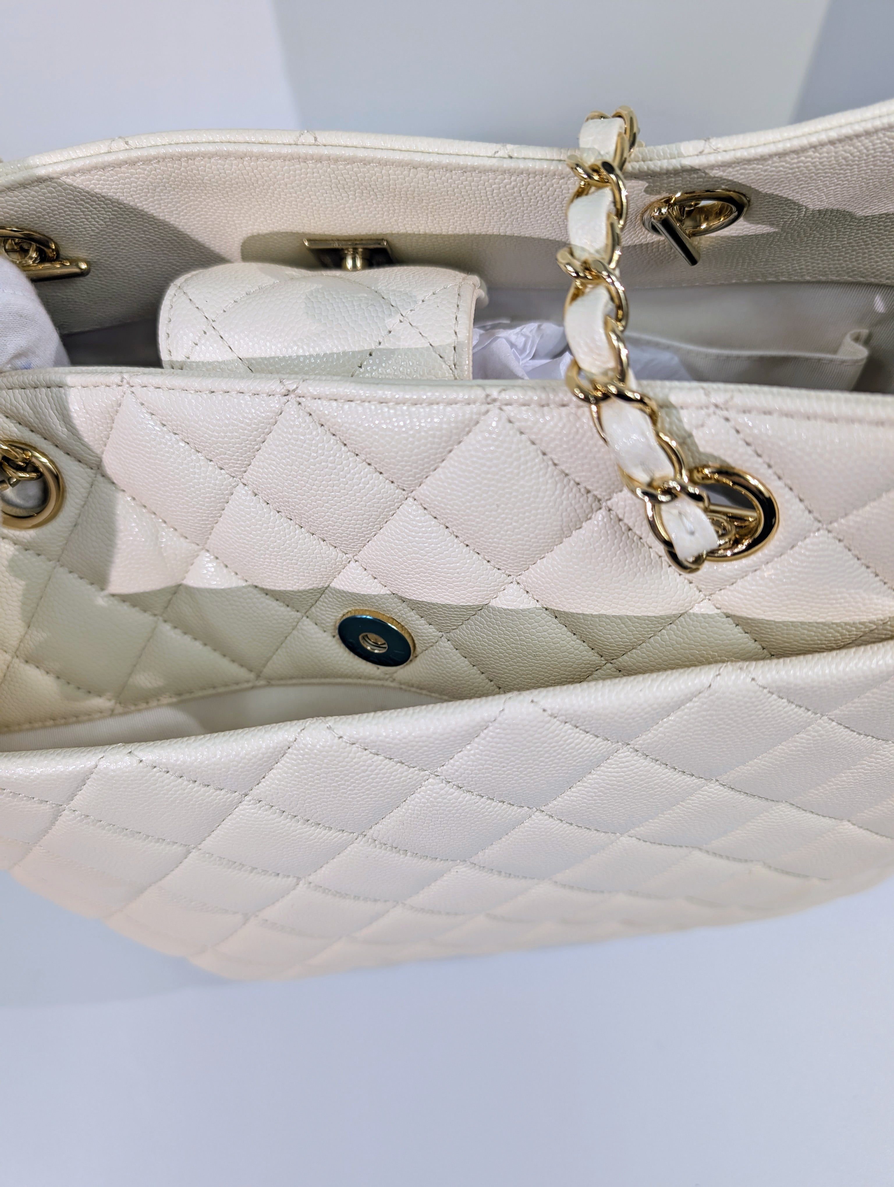 Chanel White Classic Shopping Tote (GST successor) Turnlock Bag