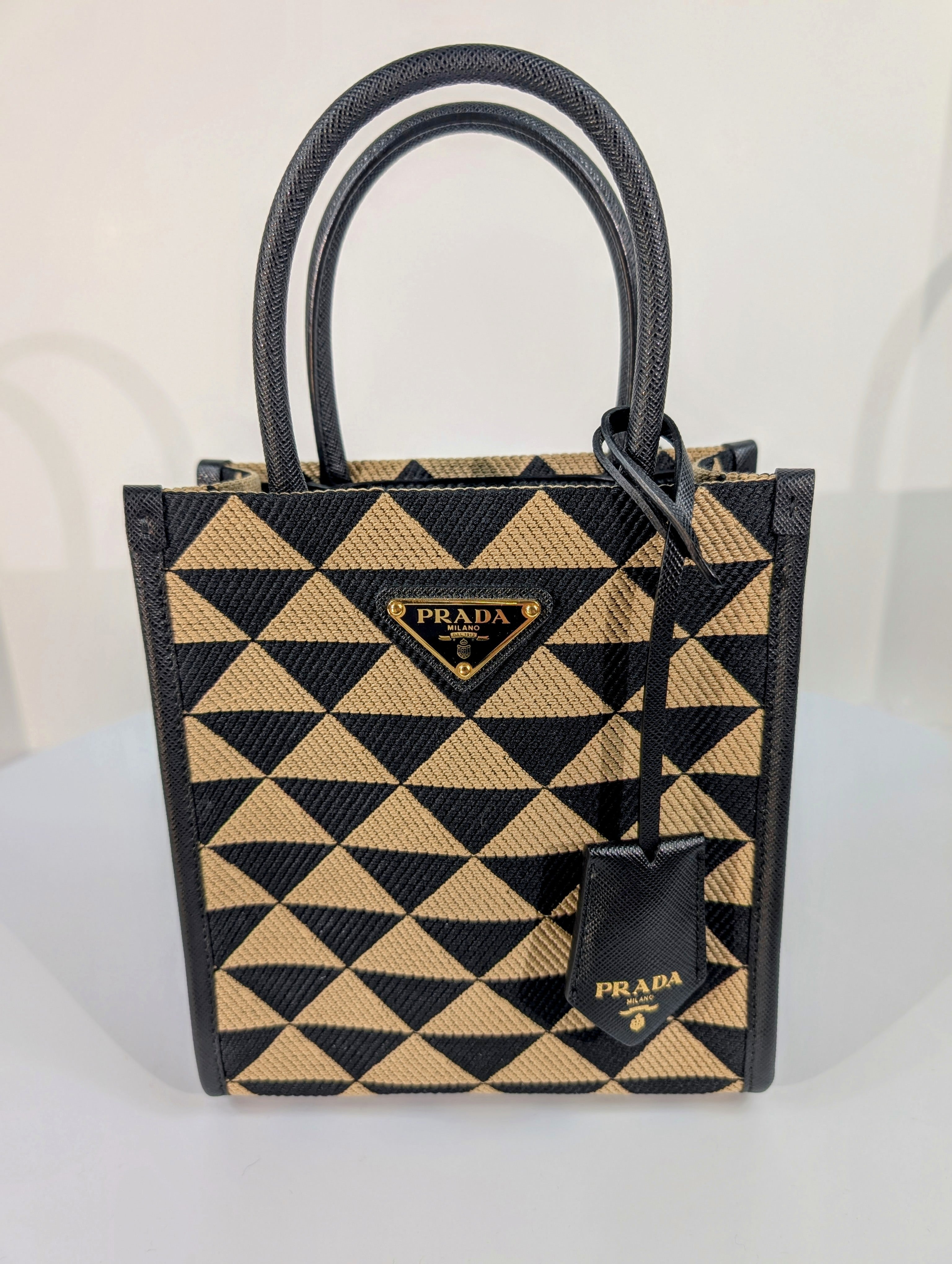 Prada Small Woven Triangle Tote Bag in Black and Beige