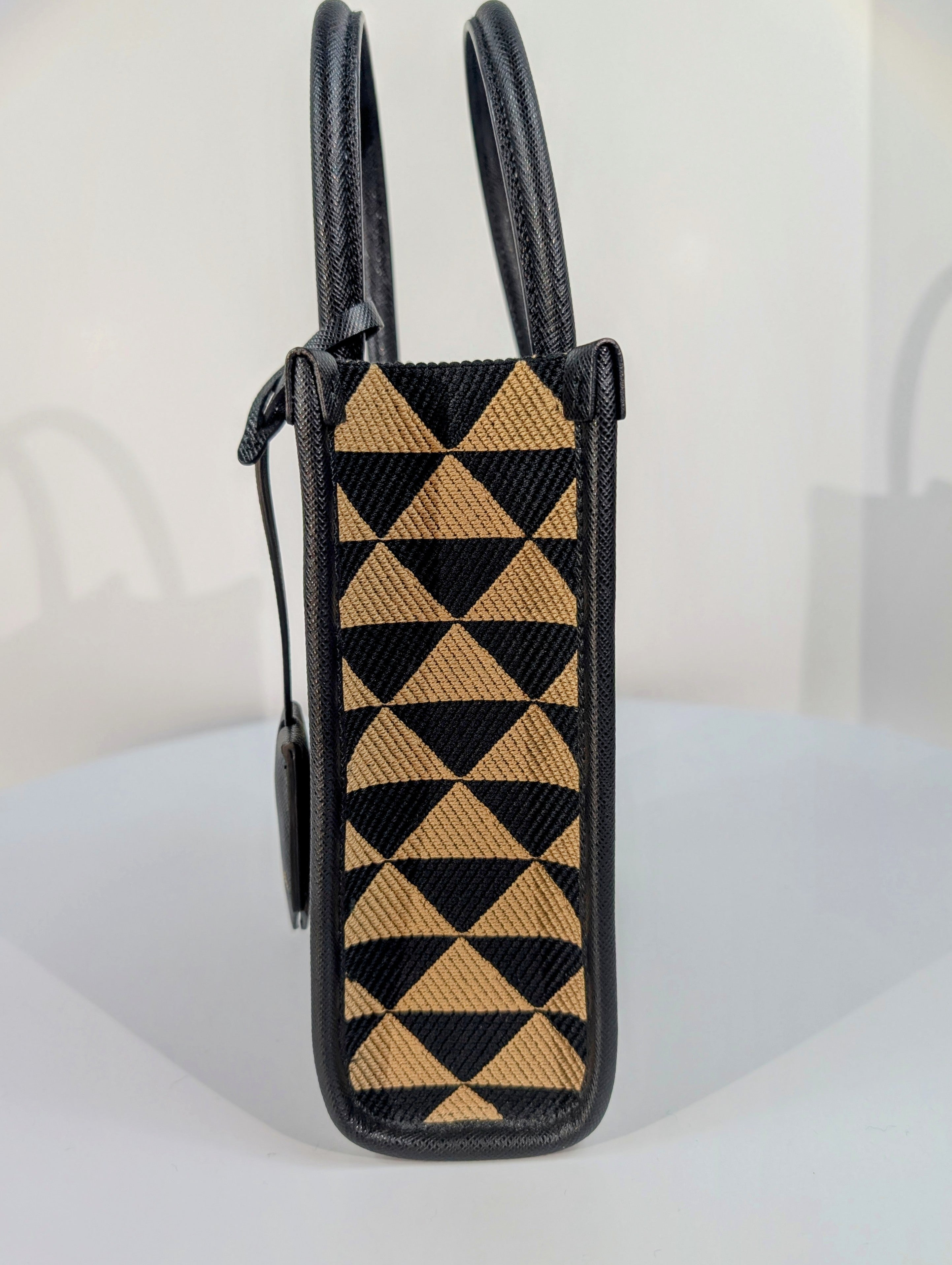 Prada Small Woven Triangle Tote Bag in Black and Beige