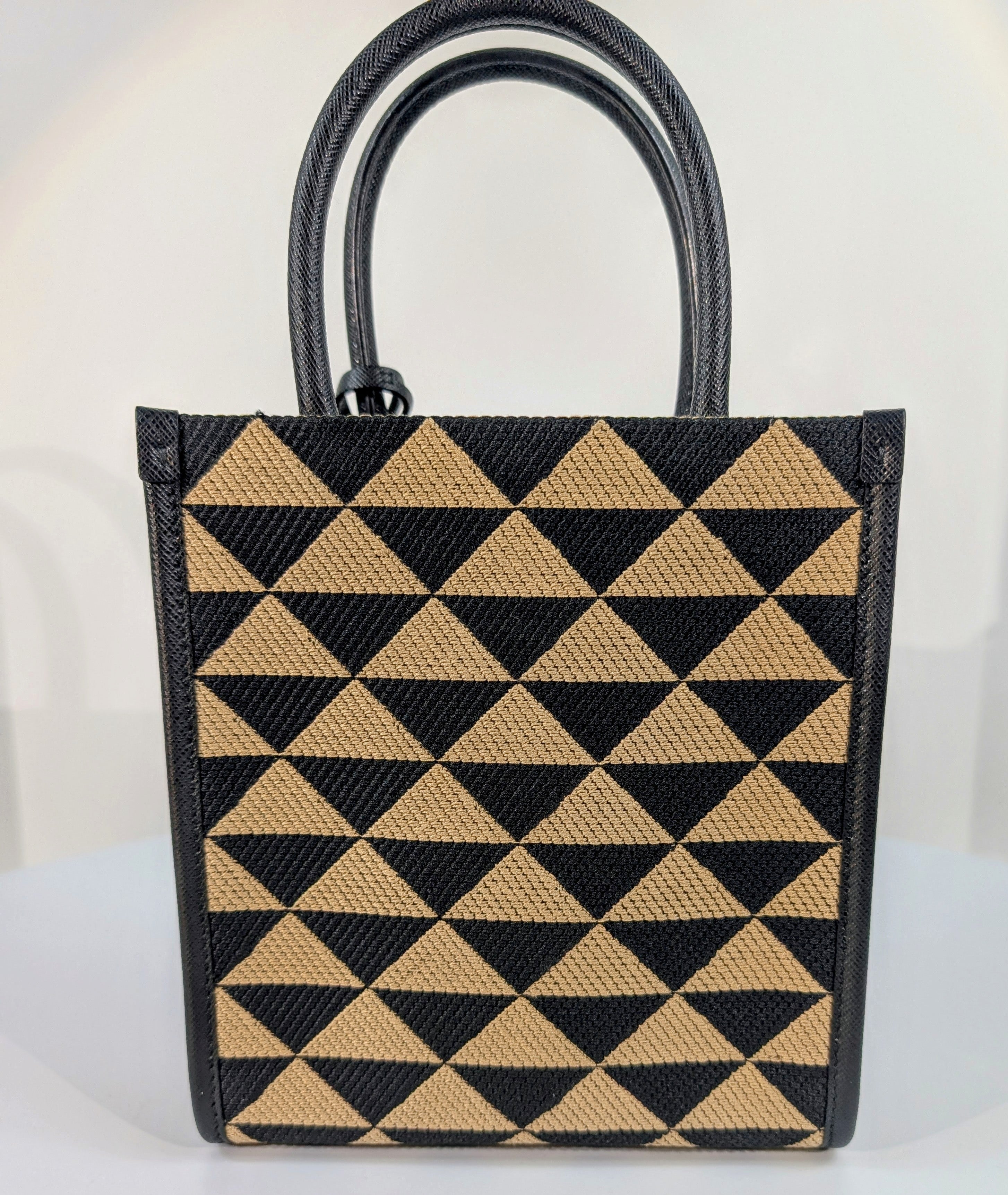 Prada Small Woven Triangle Tote Bag in Black and Beige
