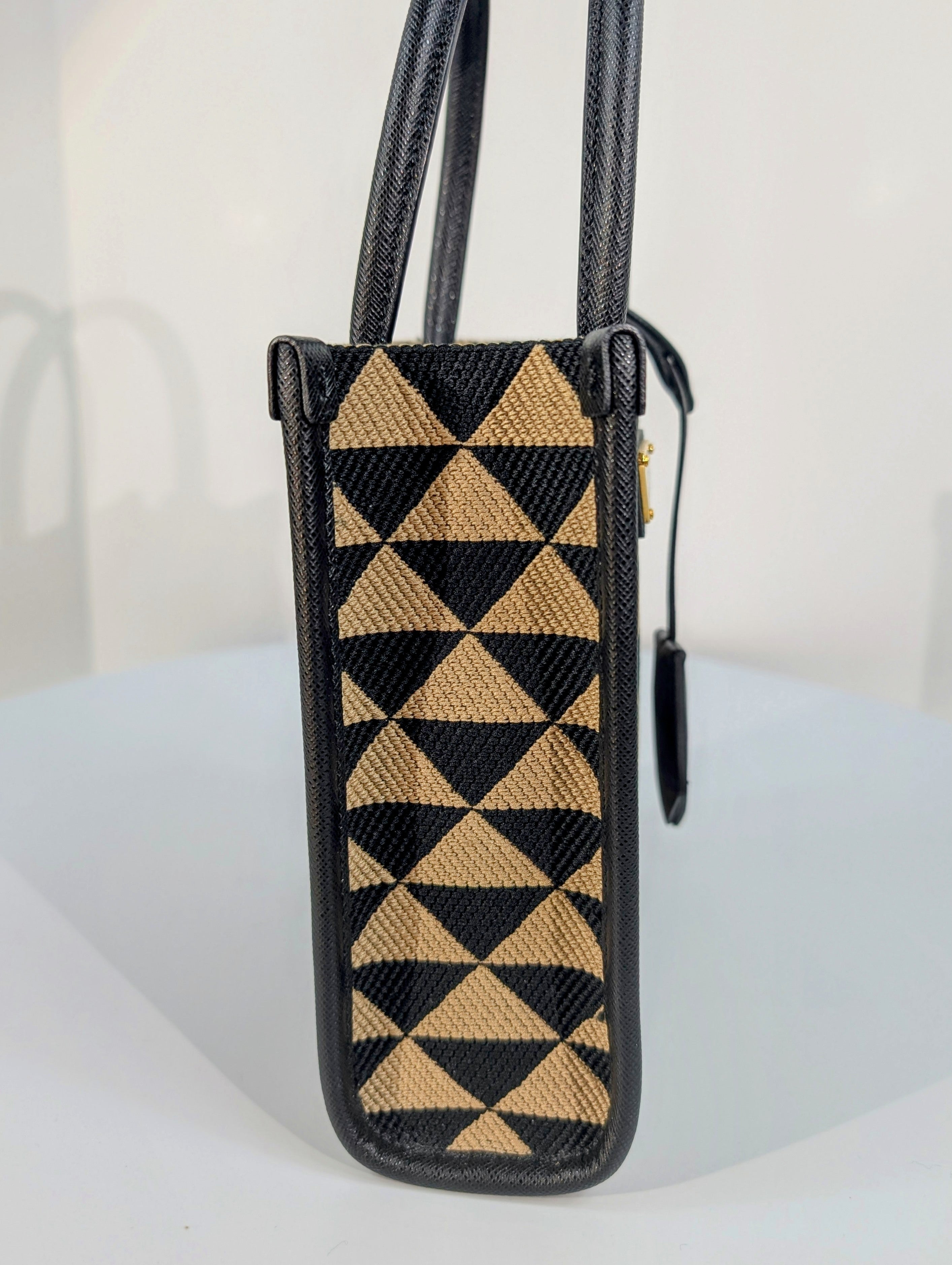 Prada Small Woven Triangle Tote Bag in Black and Beige