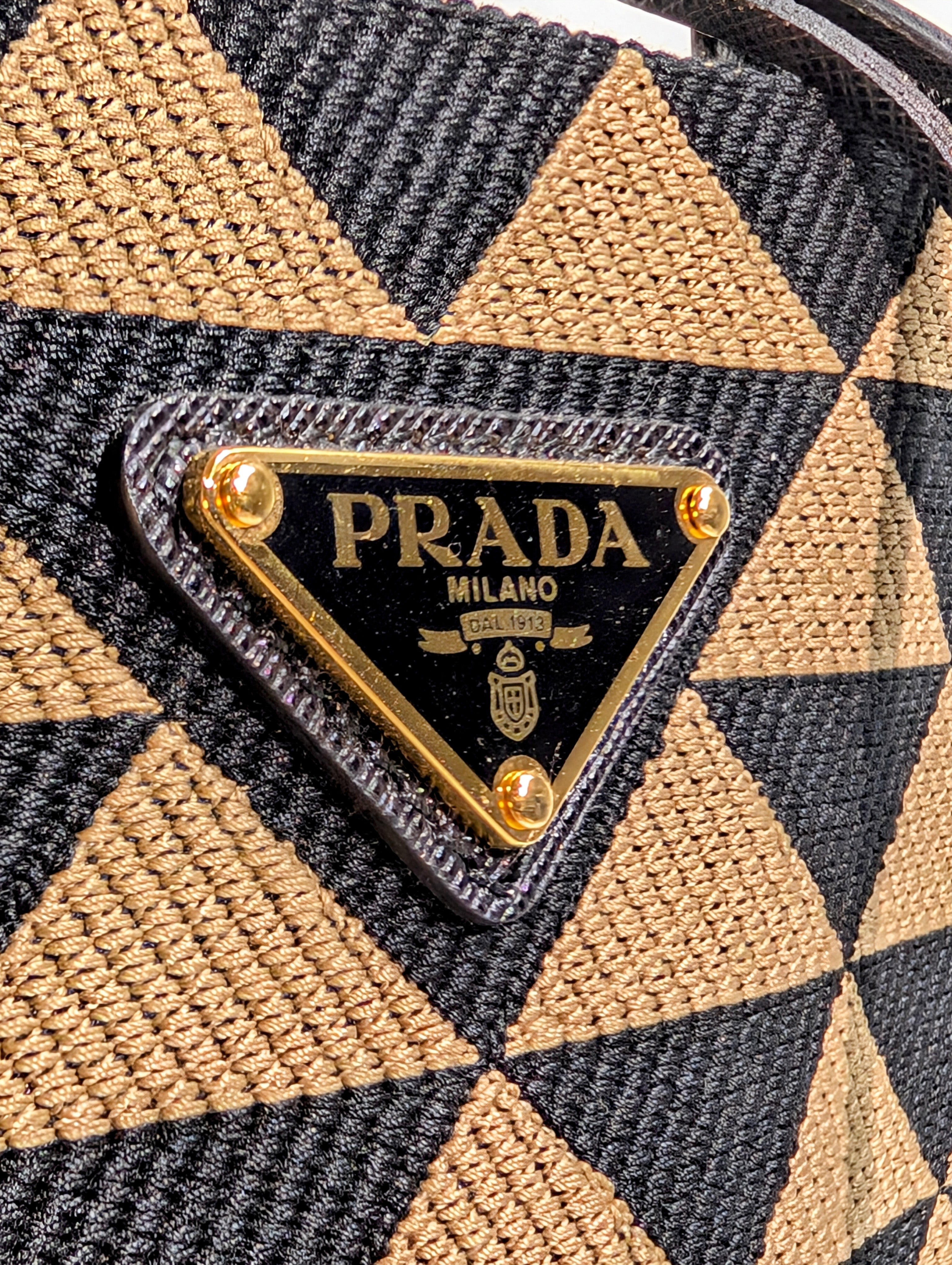 Prada Small Woven Triangle Tote Bag in Black and Beige