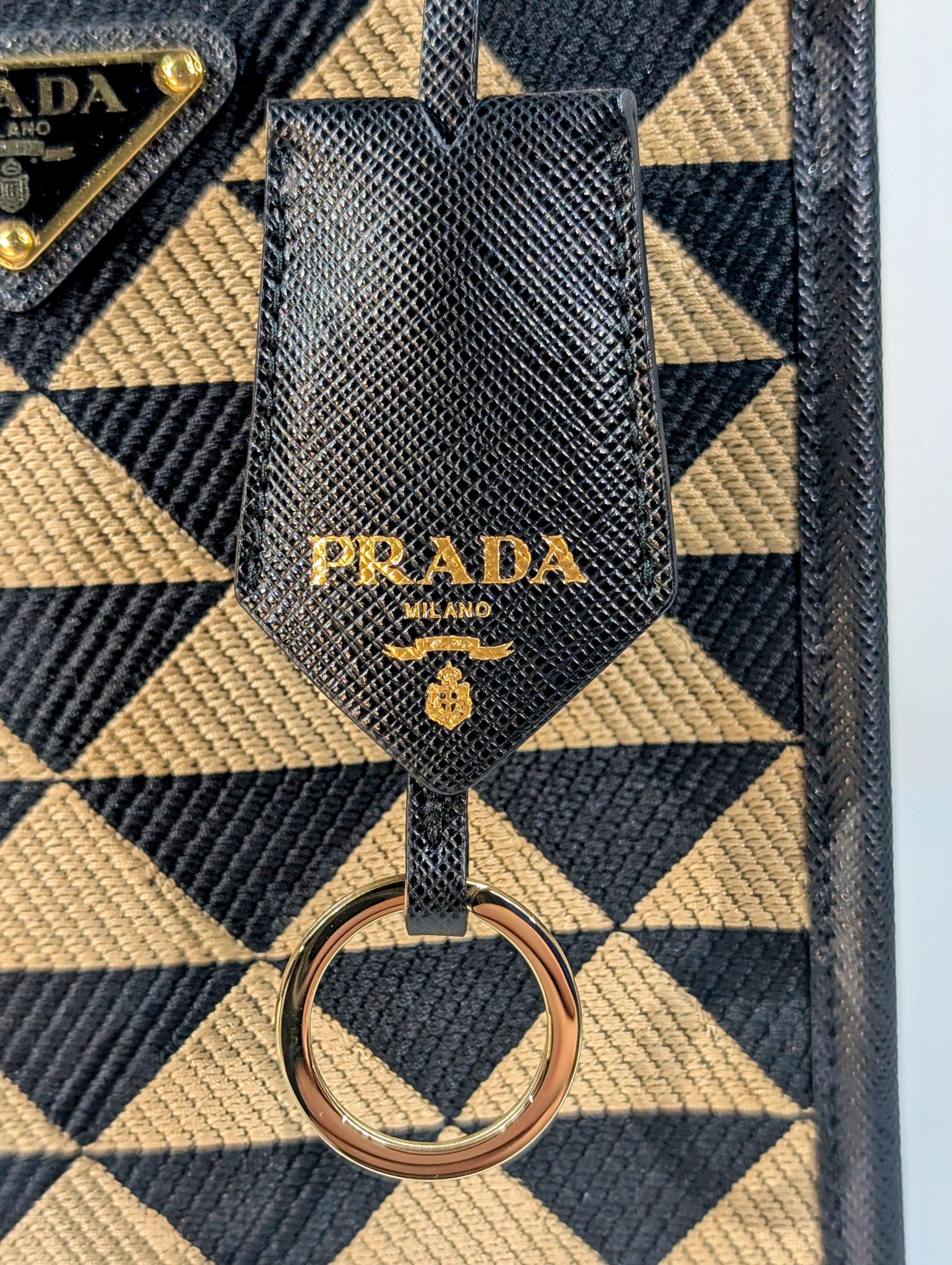 Prada Small Woven Triangle Tote Bag in Black and Beige