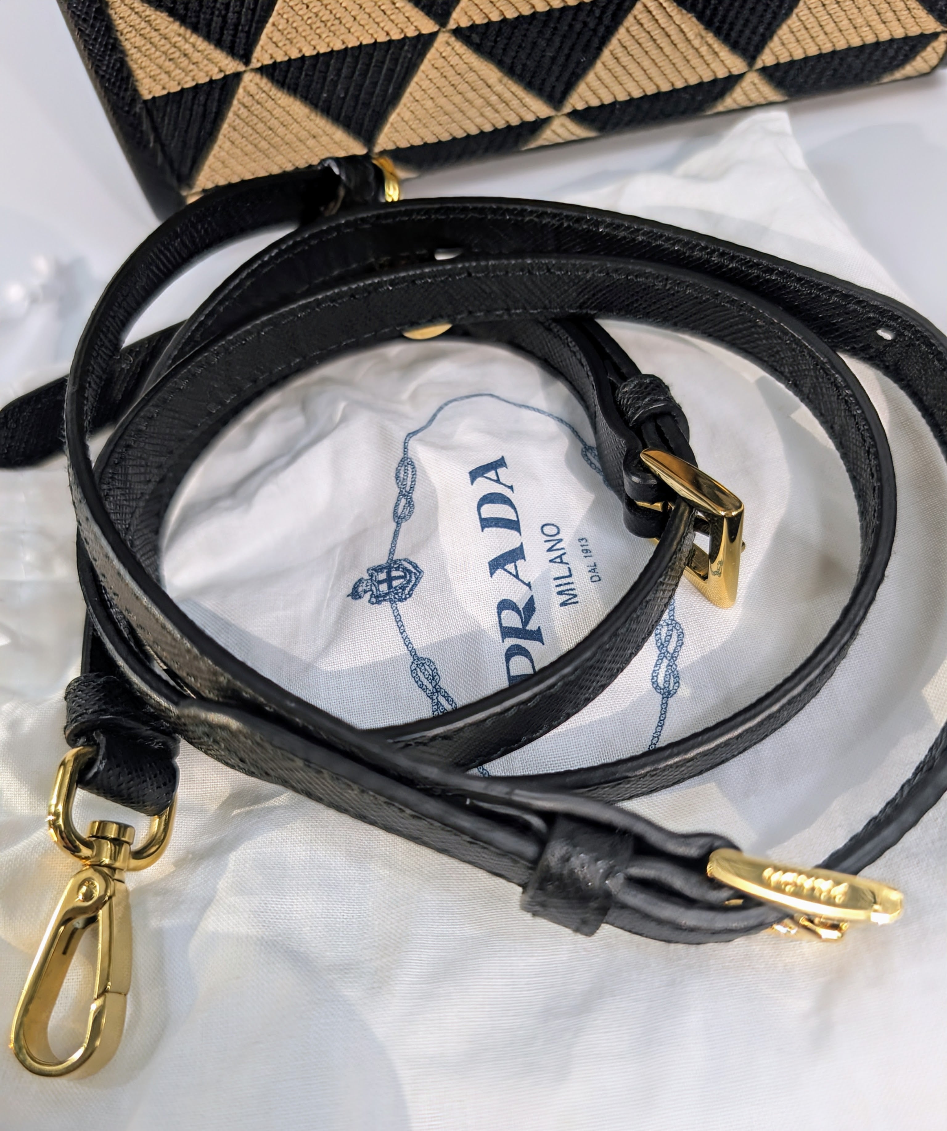 Prada Small Woven Triangle Tote Bag in Black and Beige