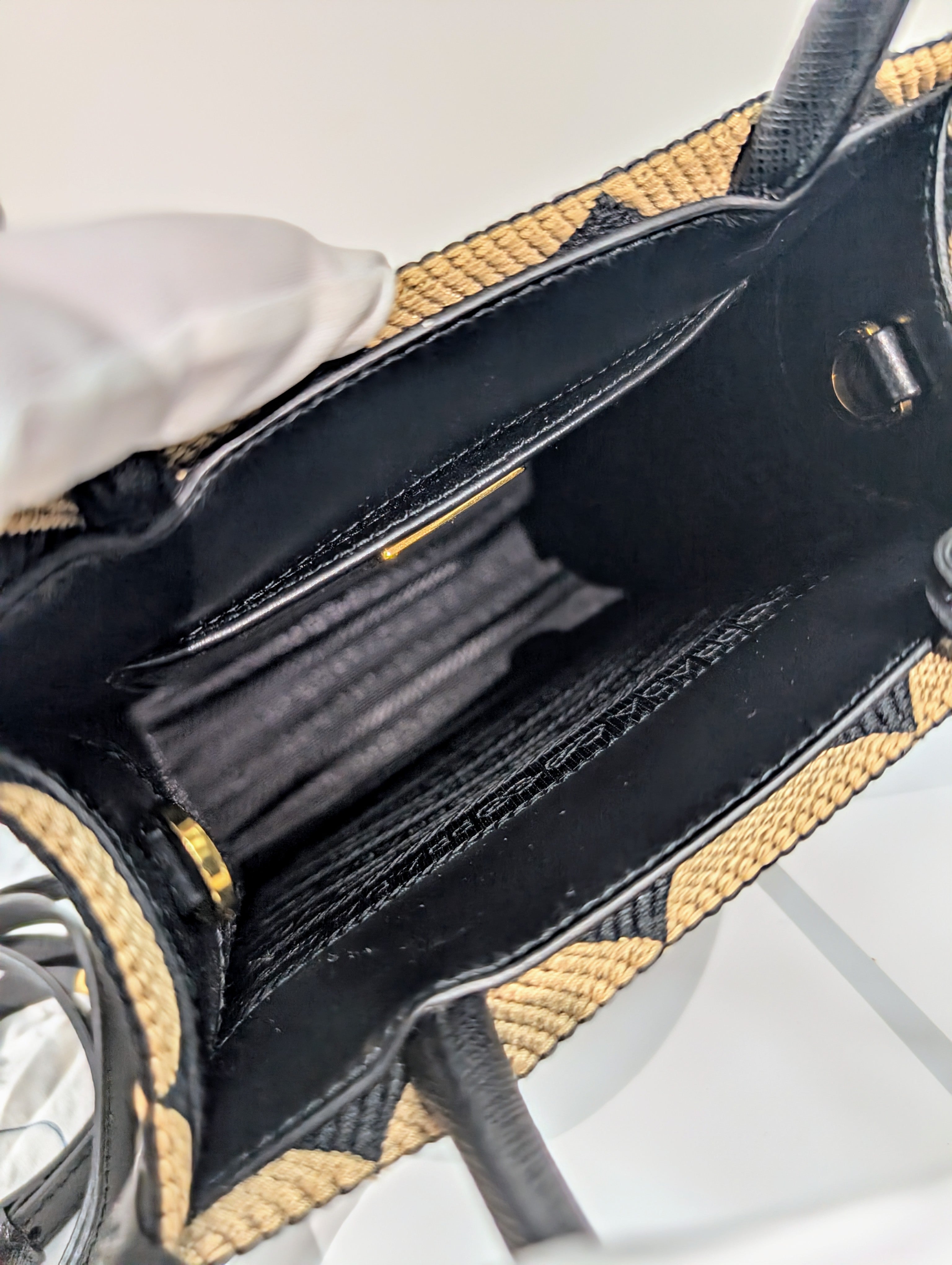 Prada Small Woven Triangle Tote Bag in Black and Beige