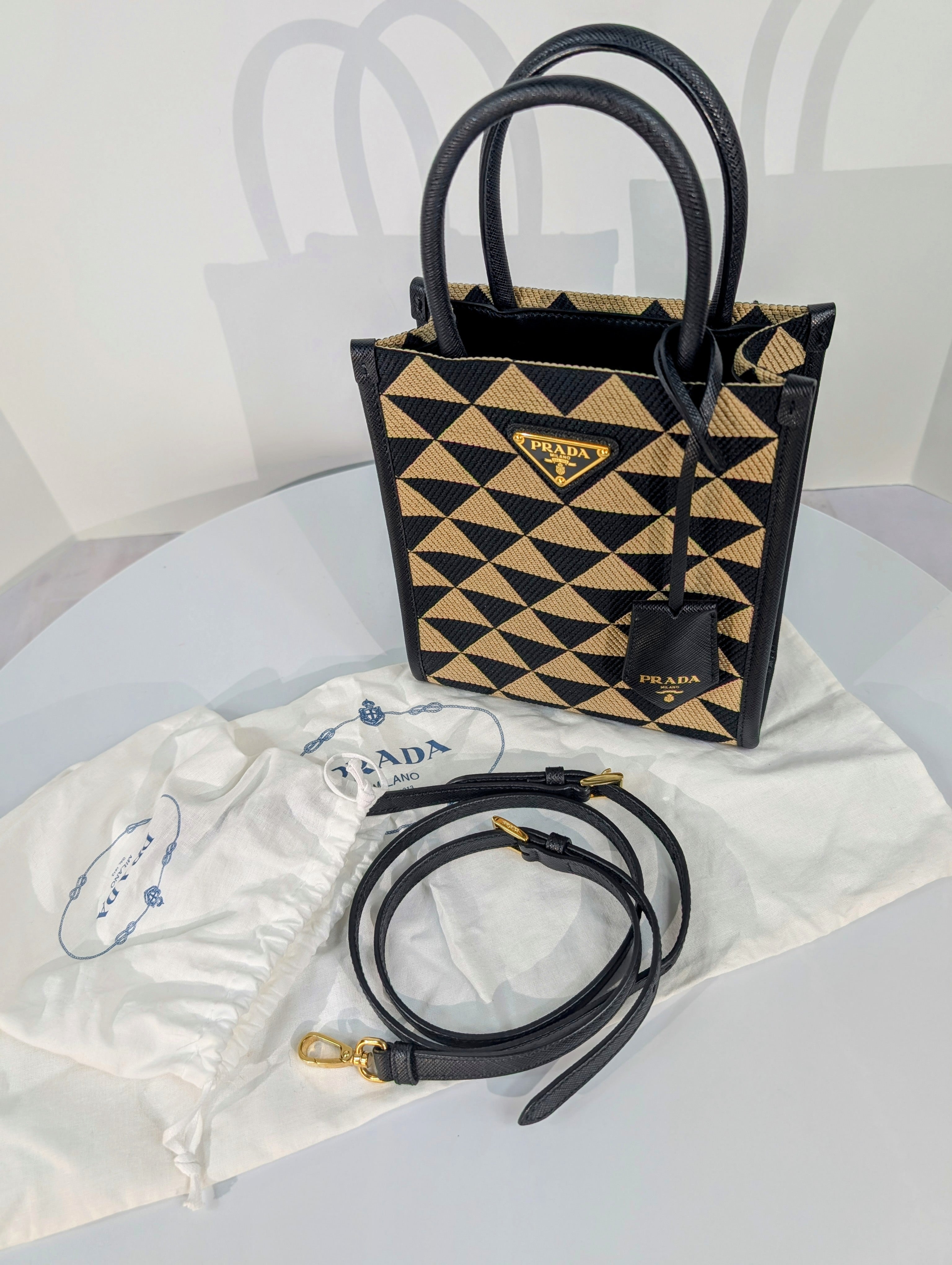 Prada Small Woven Triangle Tote Bag in Black and Beige