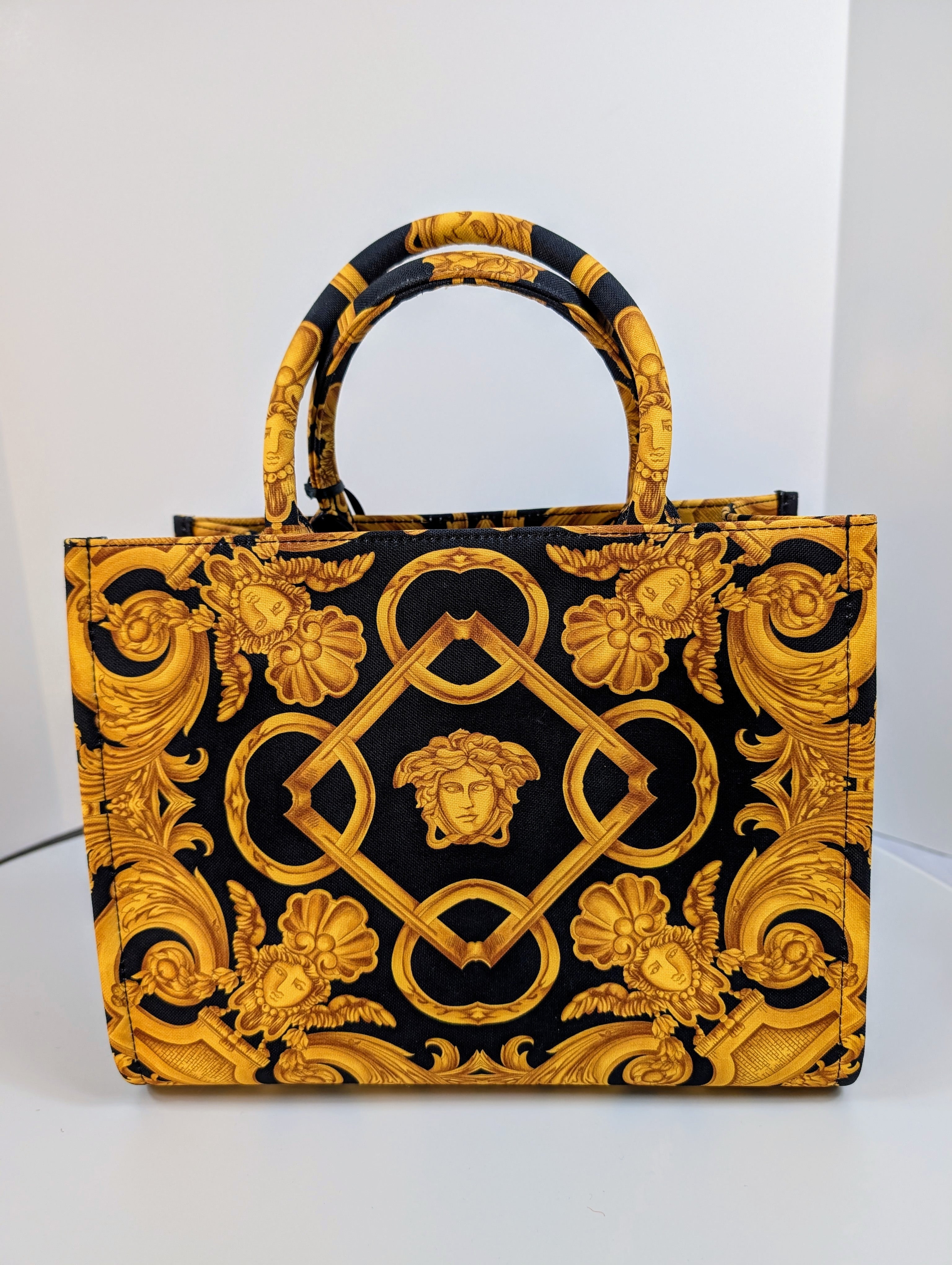 Versace Medusa Black Gold Canvas Small Tote Greca Shoulder Strap Bag