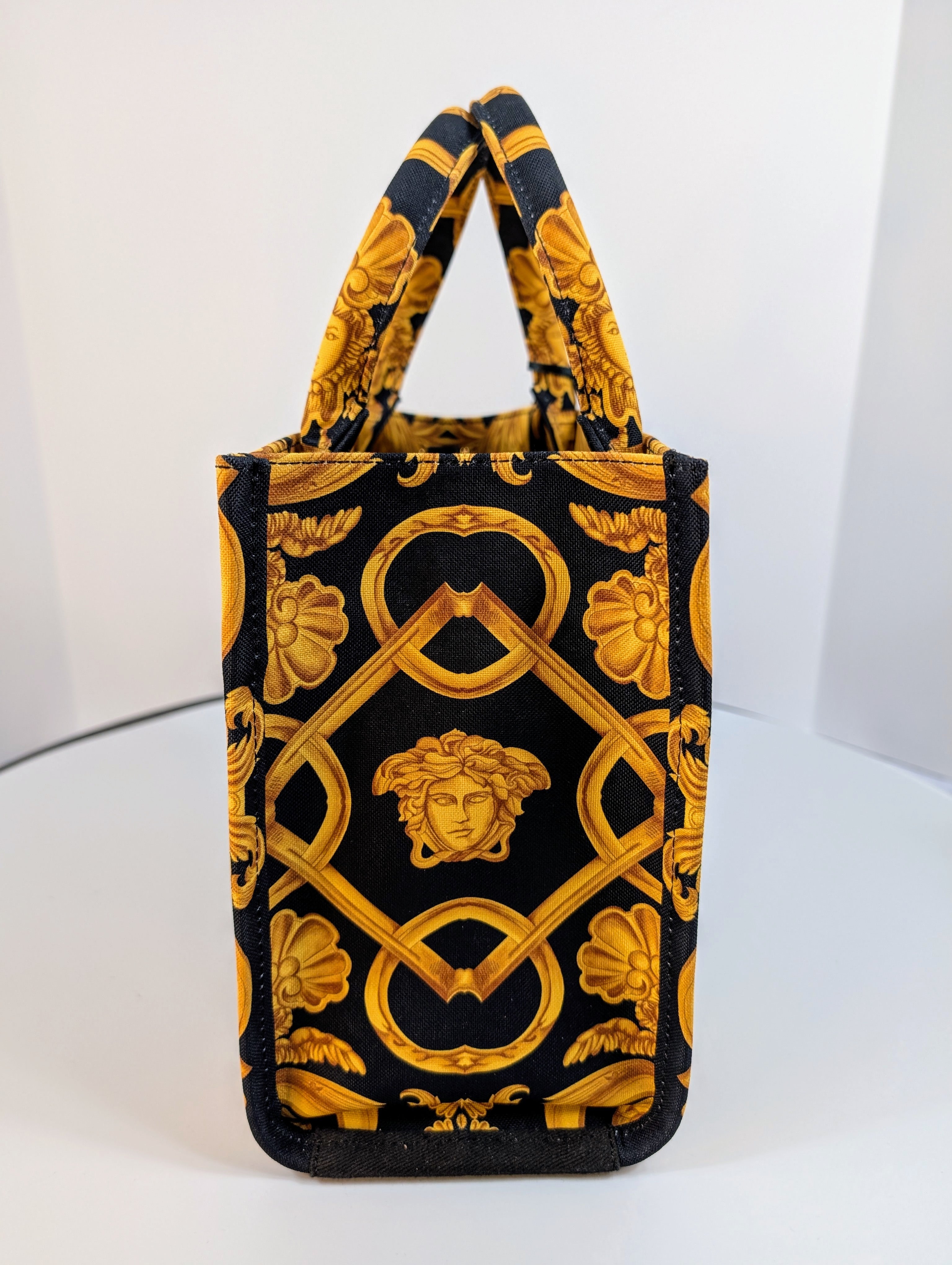 Versace Medusa Black Gold Canvas Small Tote Greca Shoulder Strap Bag
