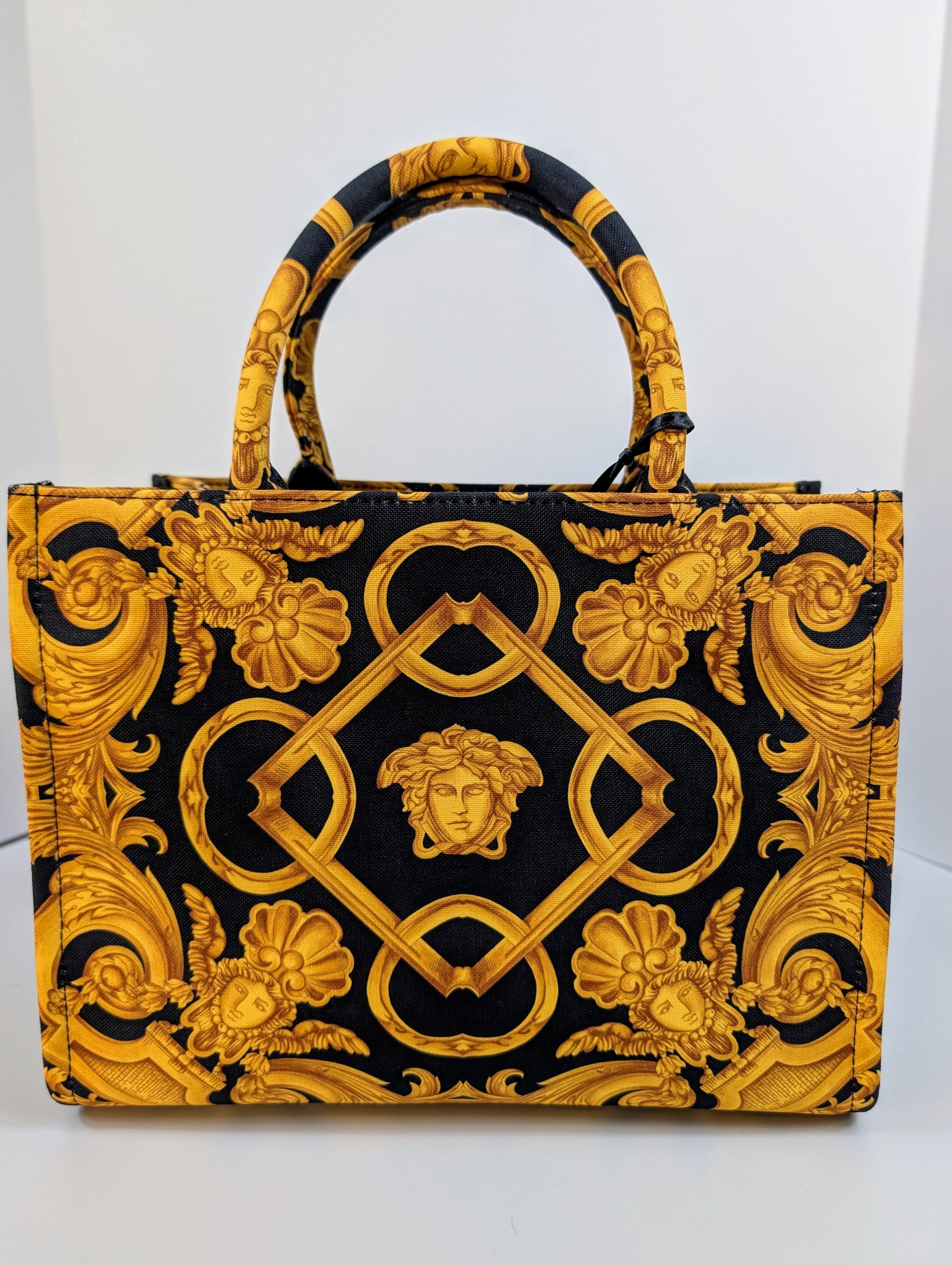 Versace Medusa Black Gold Canvas Small Tote Greca Shoulder Strap Bag