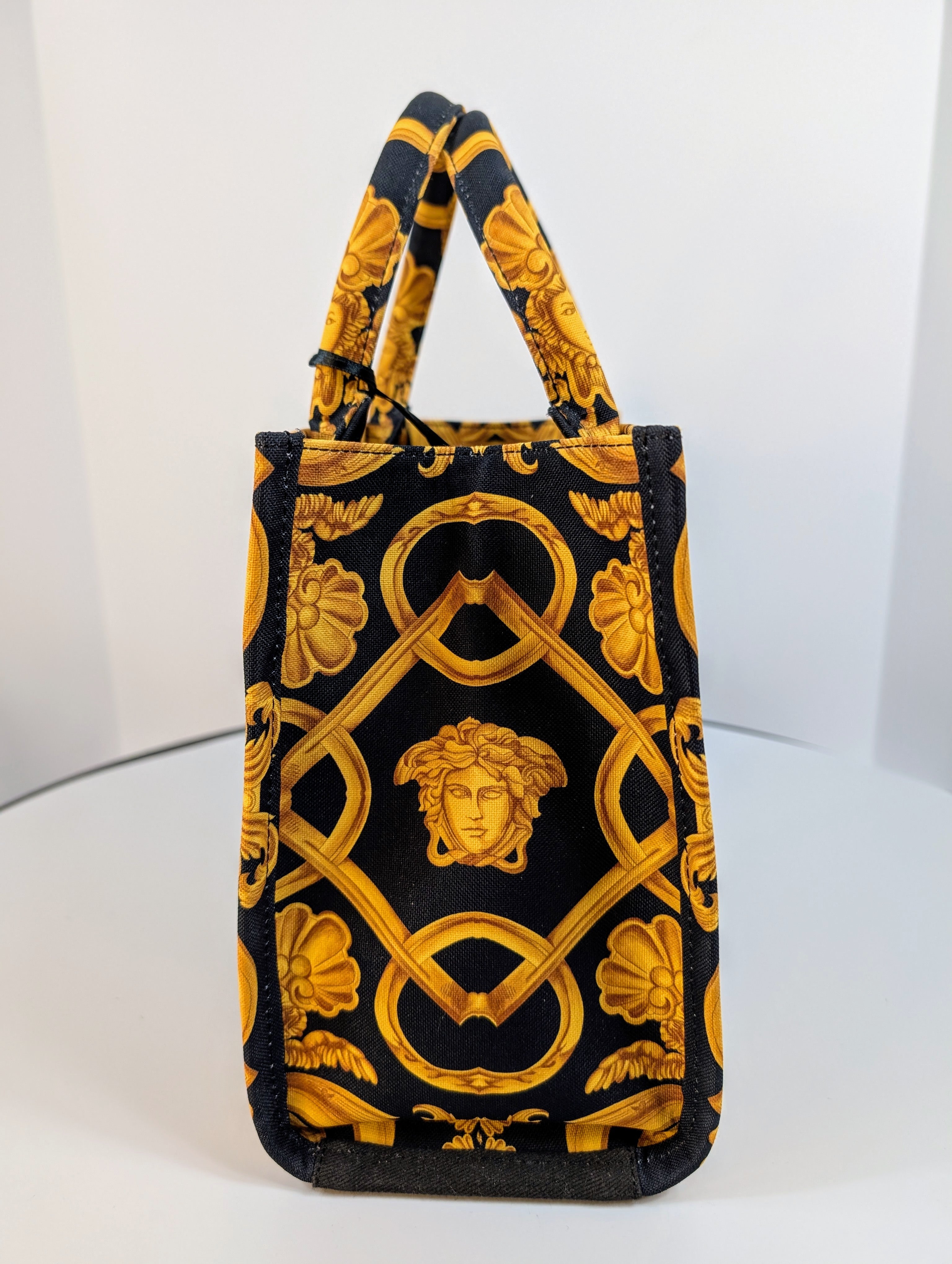 Versace Medusa Black Gold Canvas Small Tote Greca Shoulder Strap Bag