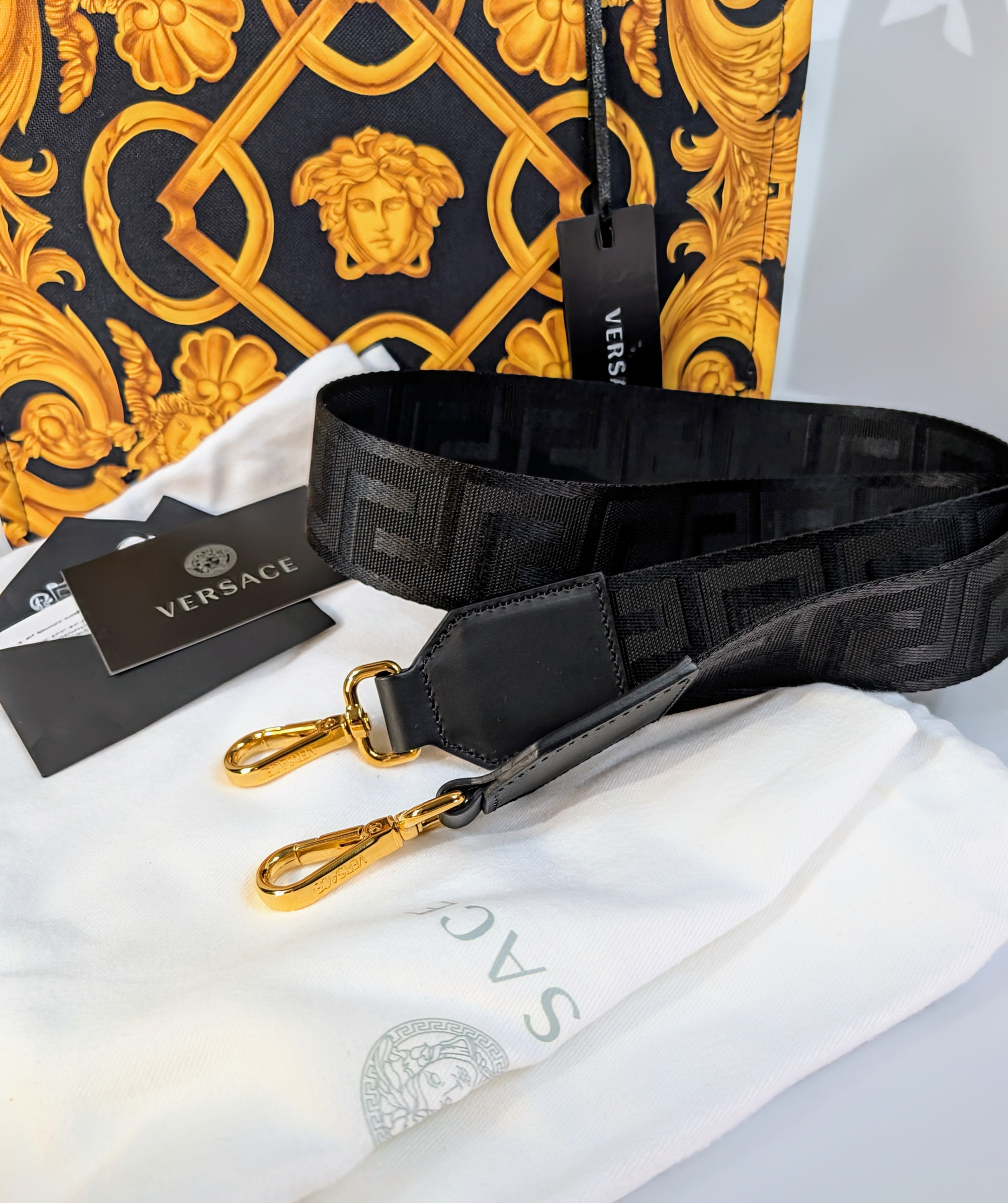 Versace Medusa Black Gold Canvas Small Tote Greca Shoulder Strap Bag
