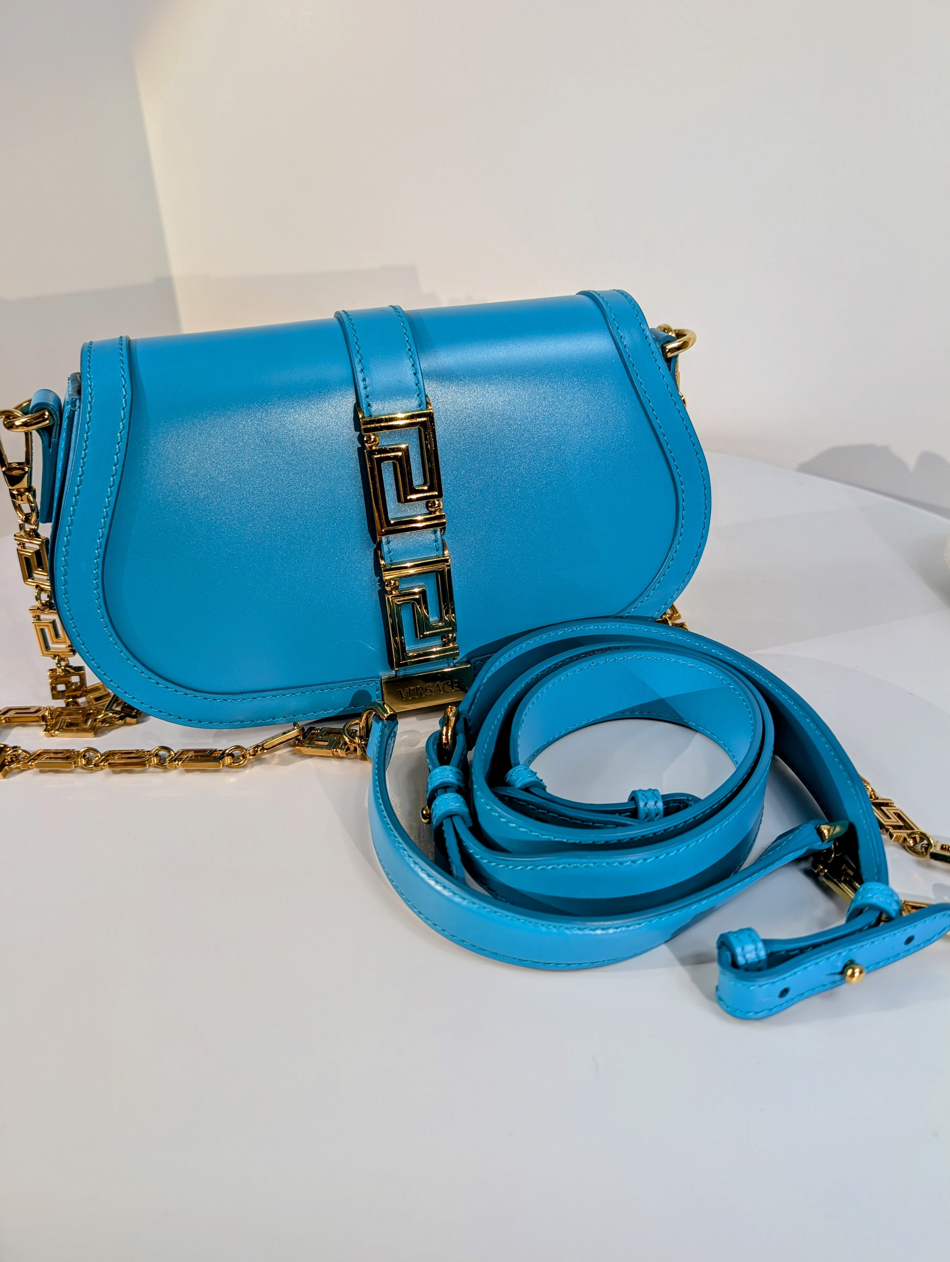 Versace Virtus Greca Goddess Shoulder Bag in Versace Blue