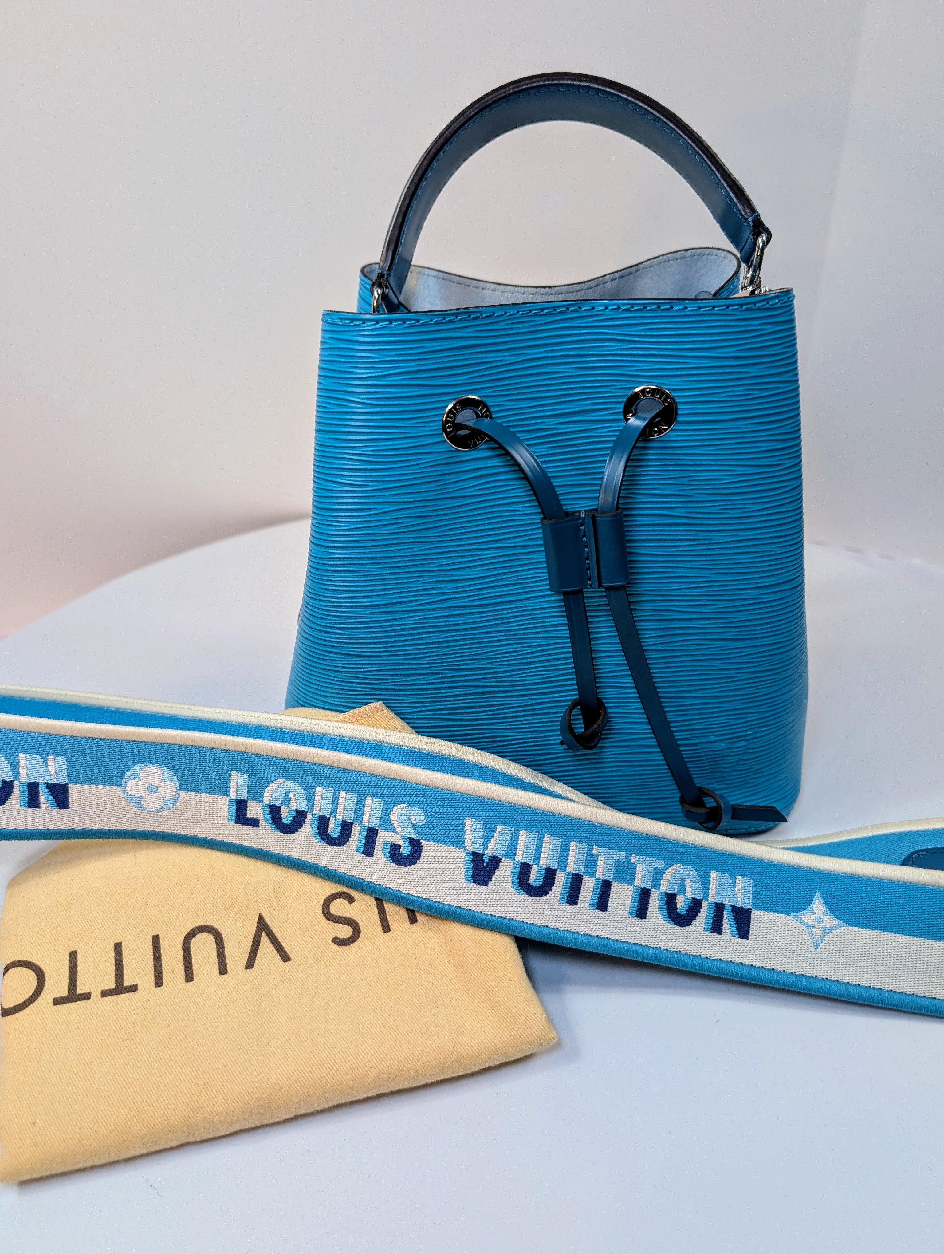 Louis Vuitton Noé BB Bag in Aqua Epi Leather with LV Strap and Charm