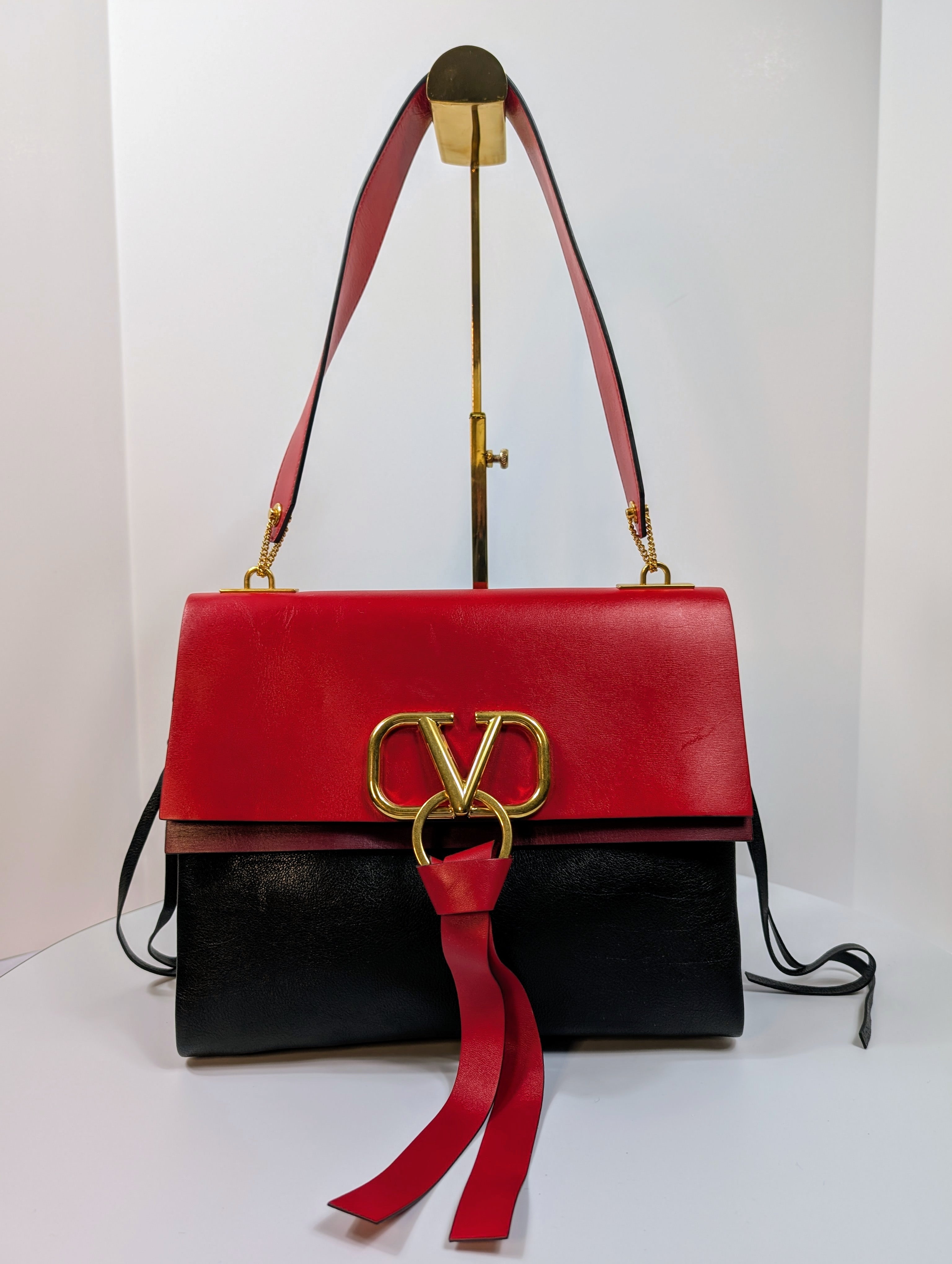 Valentino Garavani V-Ring Double-Flap Red, Black and Burgundy Leather Bag