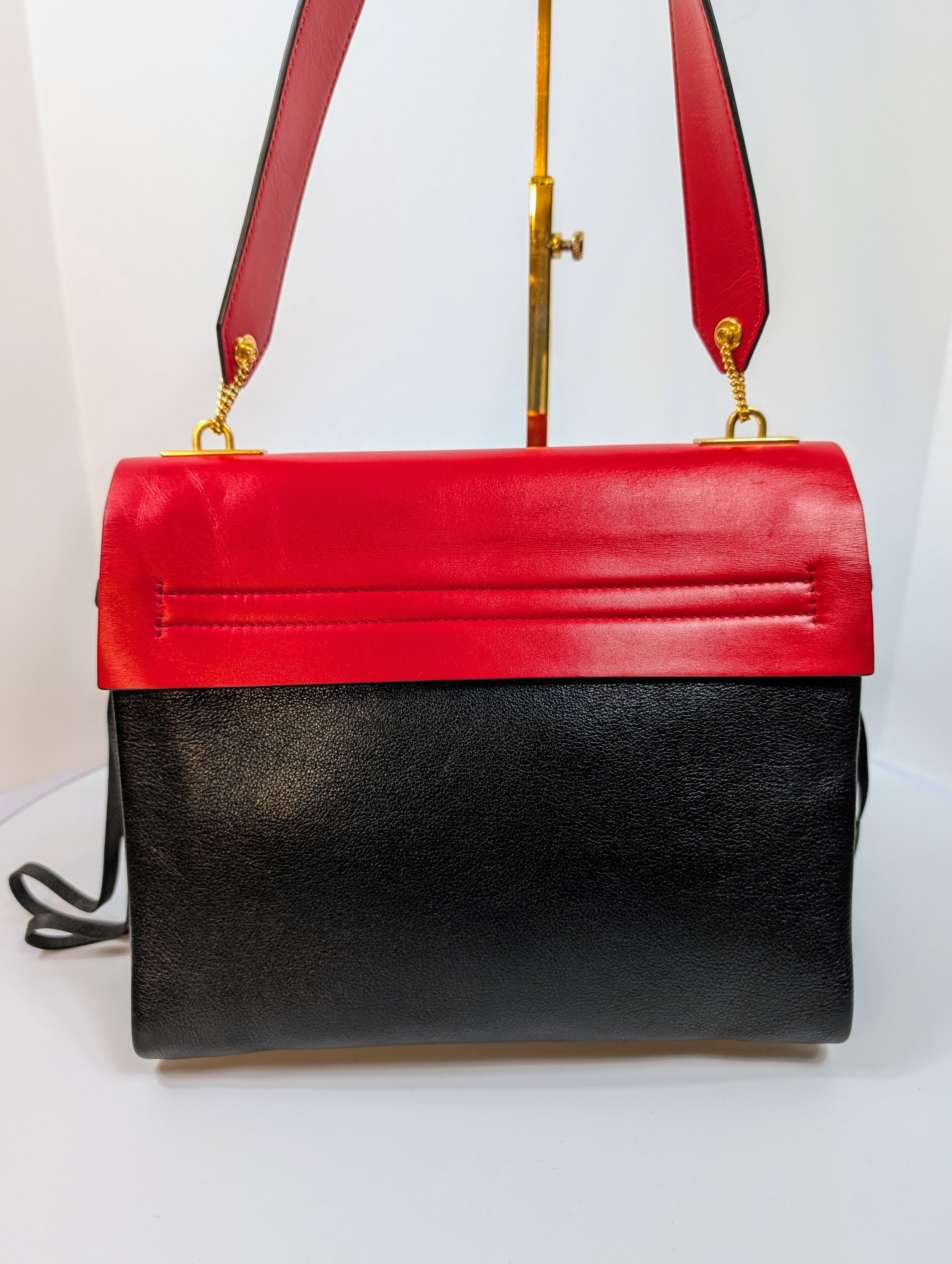 Valentino Garavani V-Ring Double-Flap Red, Black and Burgundy Leather Bag