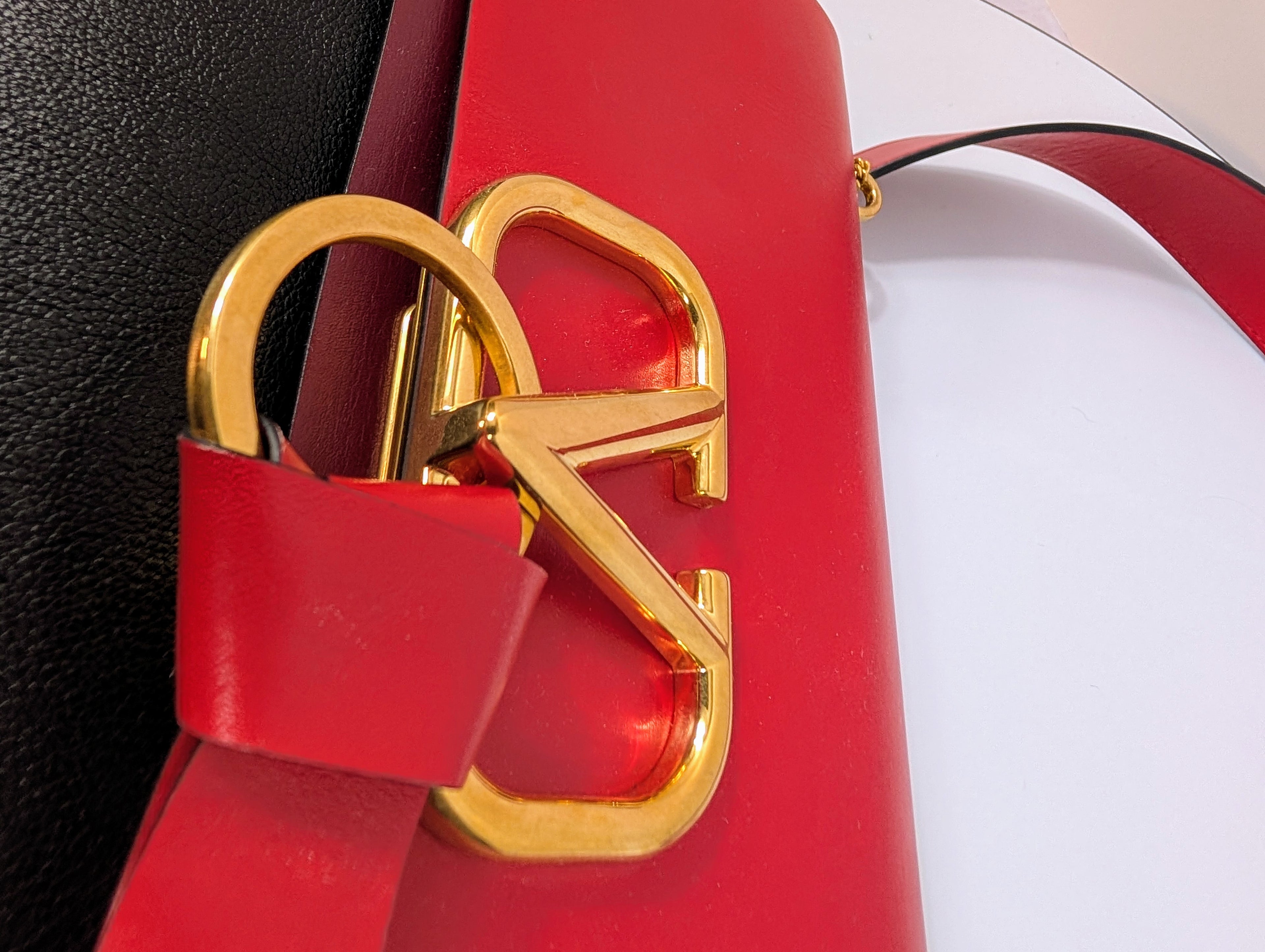 Valentino Garavani V-Ring Double-Flap Red, Black and Burgundy Leather Bag