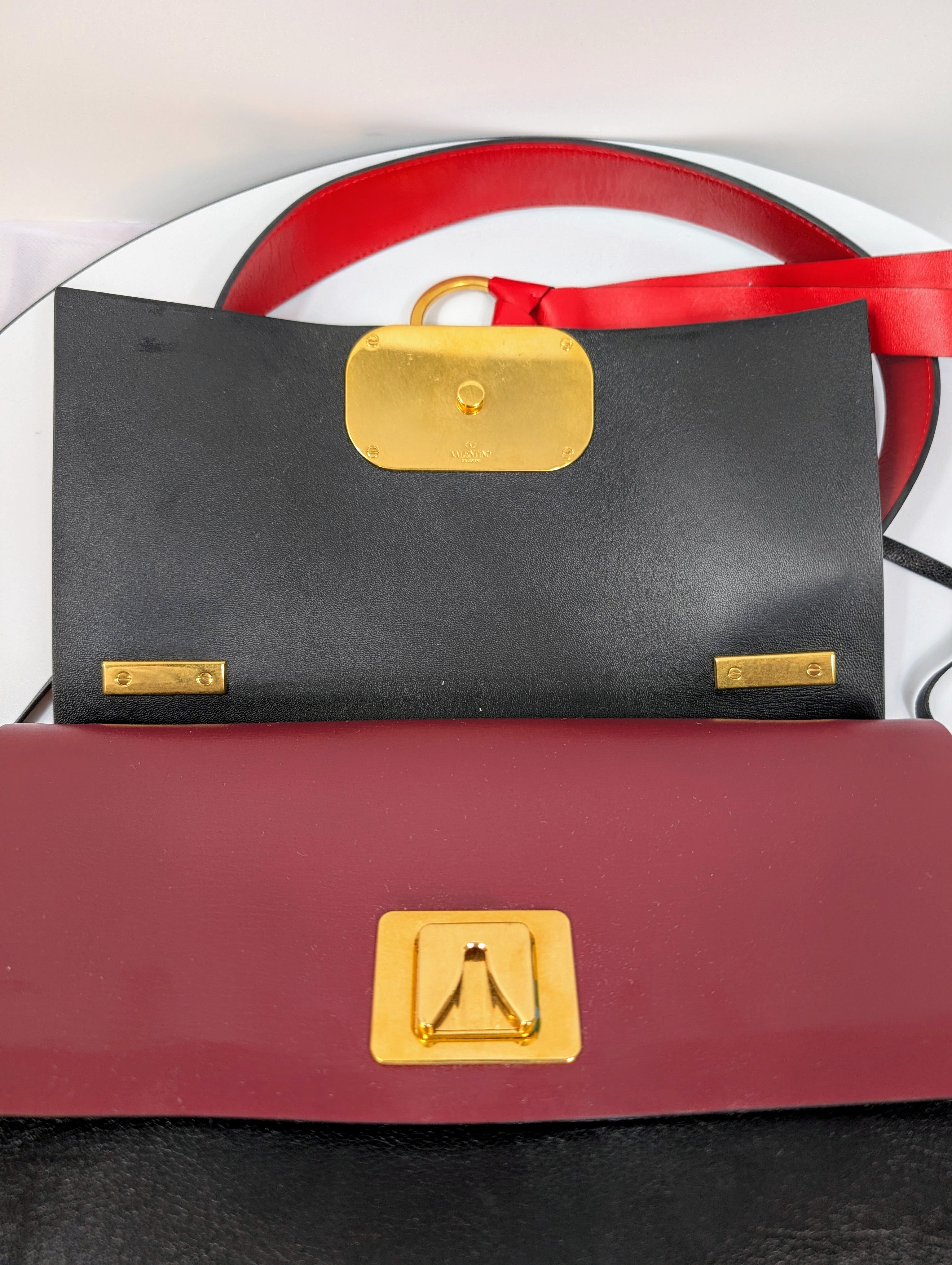 Valentino Garavani V-Ring Double-Flap Red, Black and Burgundy Leather Bag